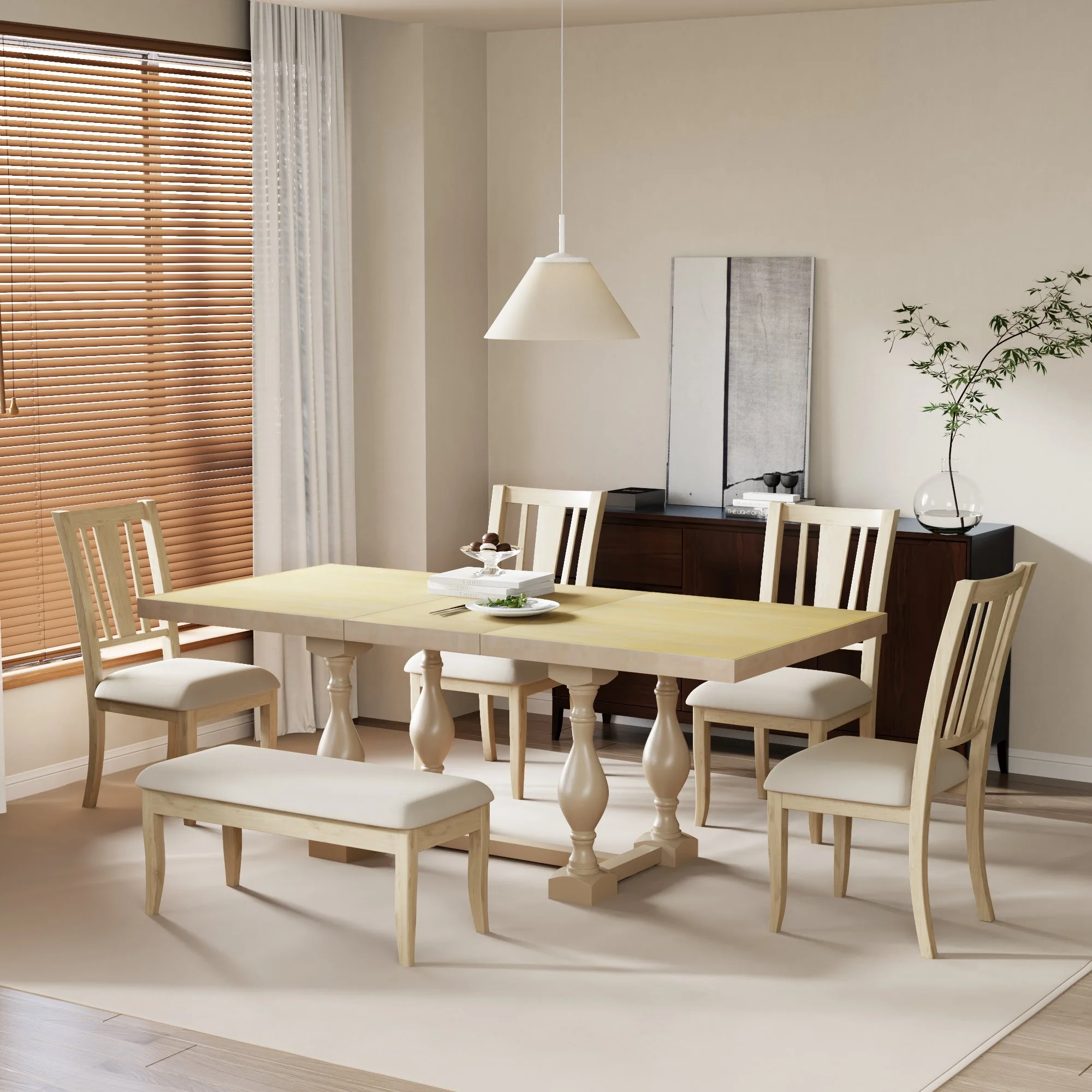 6-Piece Dining Set with Removable Leaf Table and Padded Dining Bench and 4 Chairs - Image 2