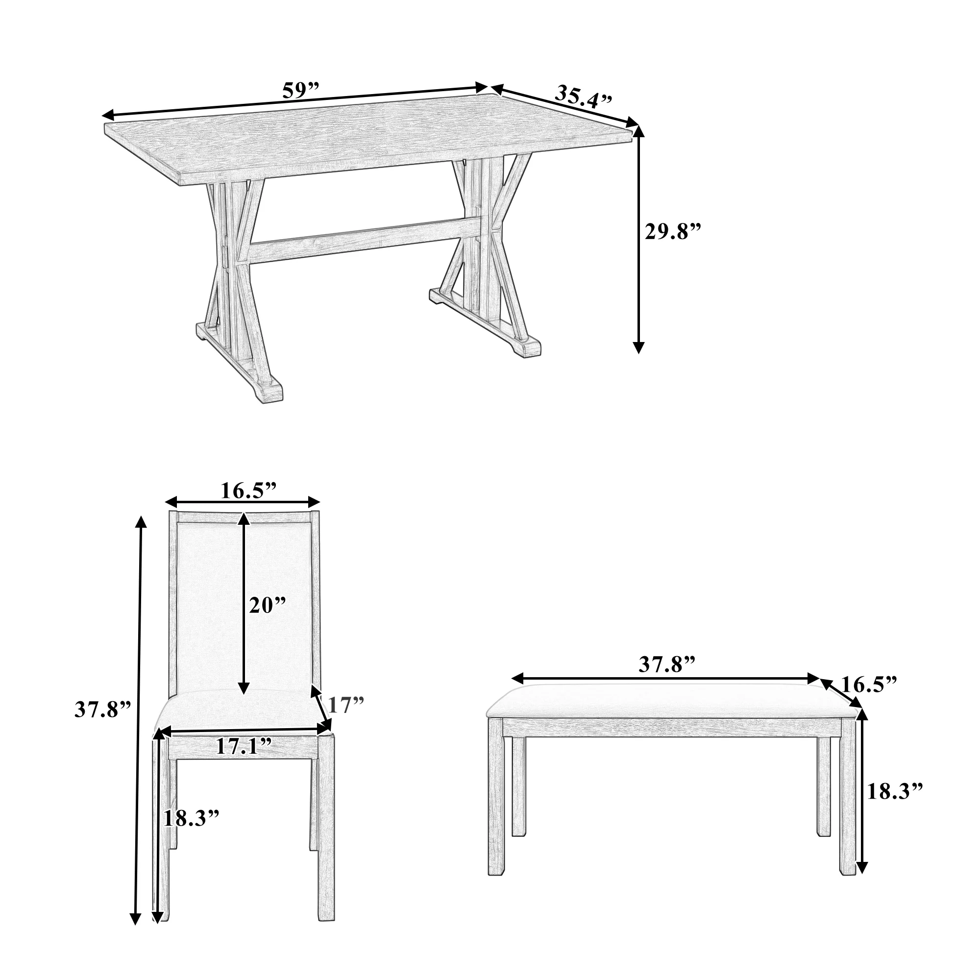 6-Piece Dining Set with Trestle Base, Upholstered Dining Bench and 4 Chairs - Image 10