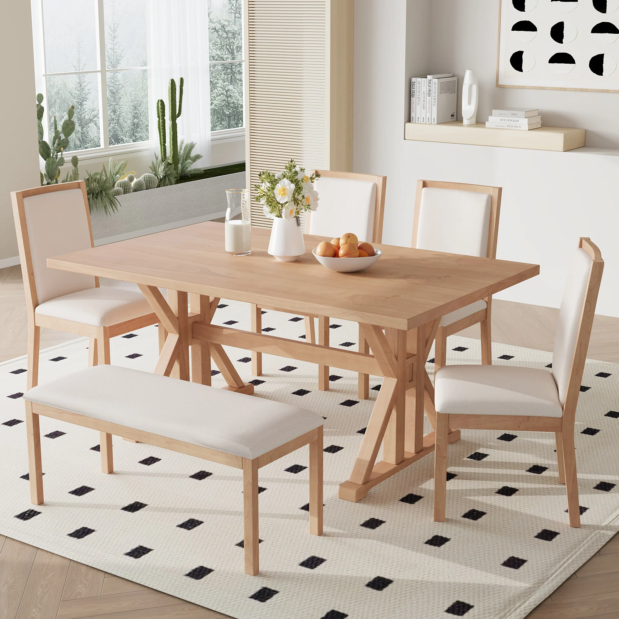 6-Piece Dining Set with Trestle Base, Upholstered Dining Bench and 4 Chairs - Image 2