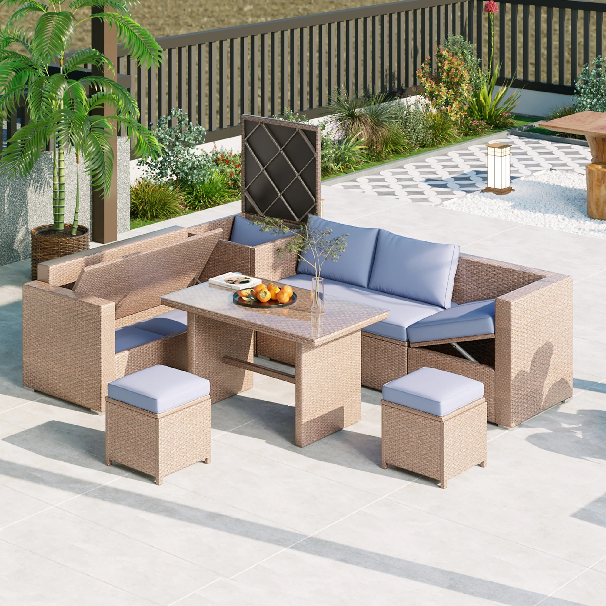 6-Piece Outdoor Rattan Sofa Set with Adjustable Seating, Glass Tabletop and Storage Box - Image 2