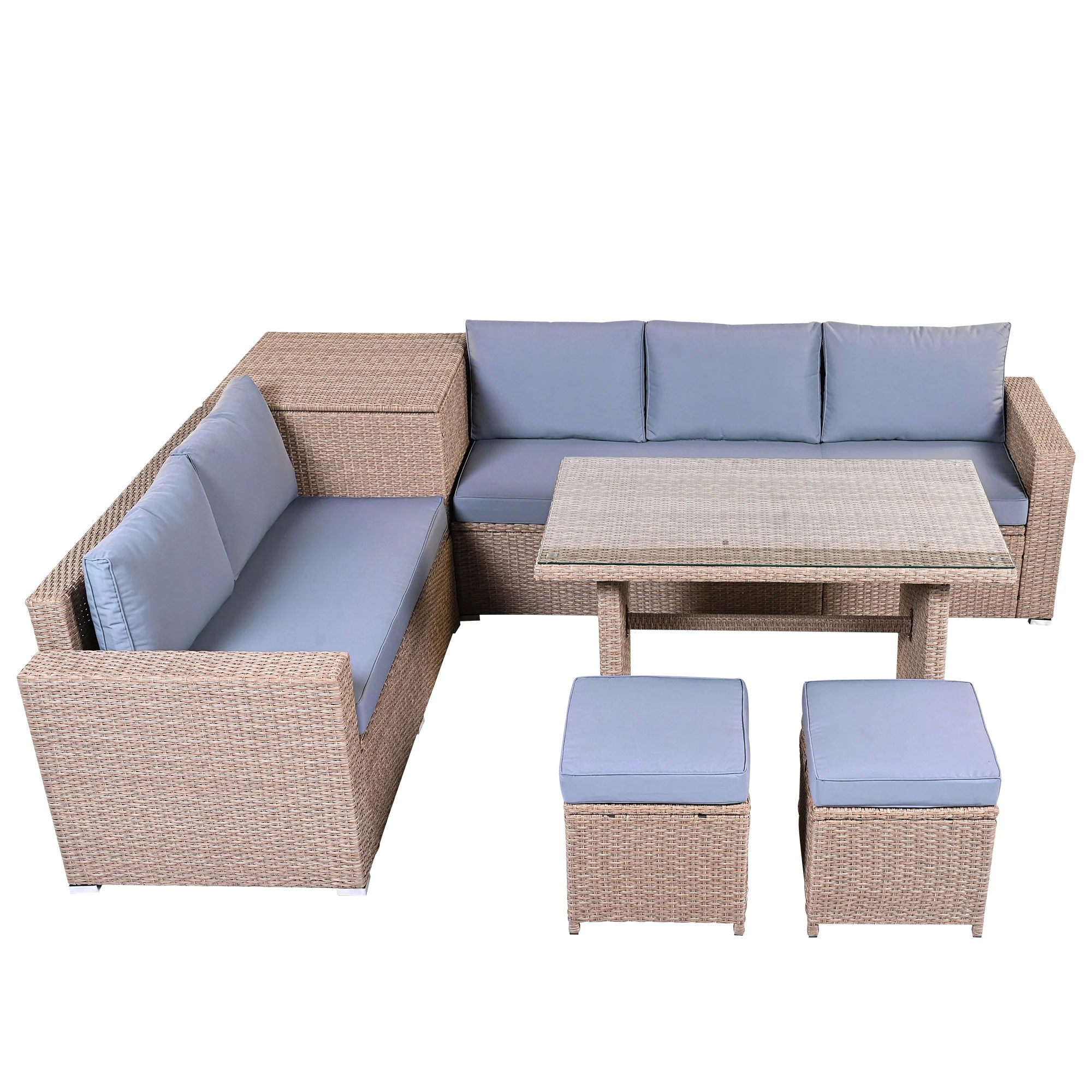 6-Piece Outdoor Rattan Sofa Set with Adjustable Seating, Glass Tabletop and Storage Box - Image 4