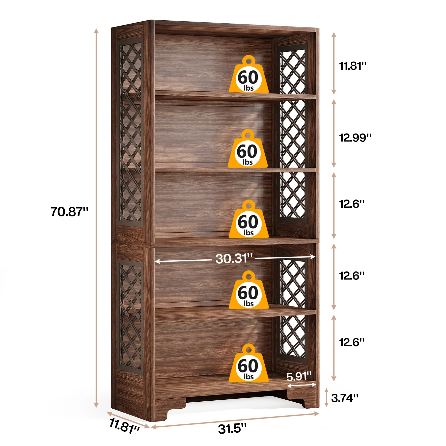 6-Tier Vintage Brown Mid-Century Bookcase with X-Design - Image 3