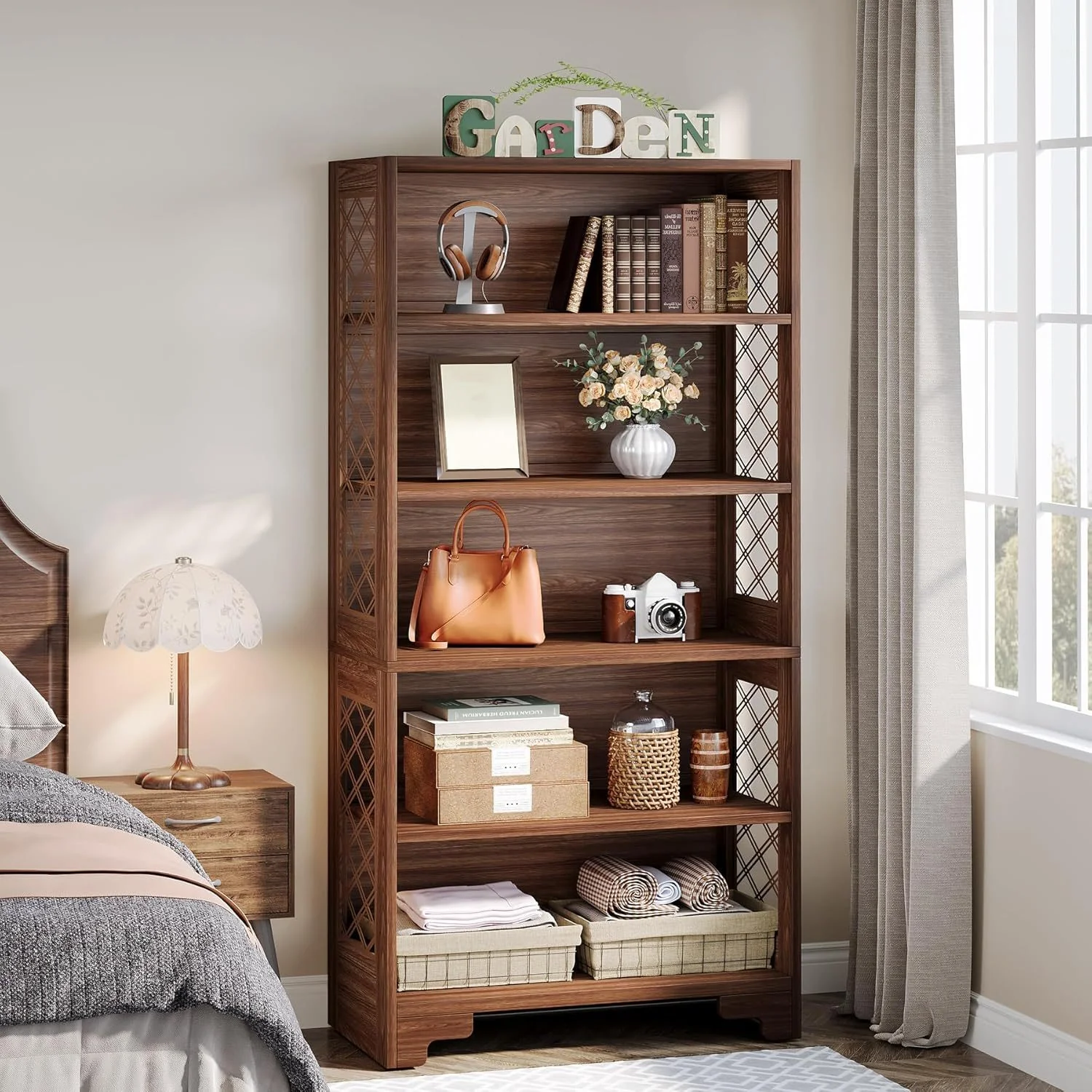 6-Tier Vintage Brown Mid-Century Bookcase with X-Design - Image 8