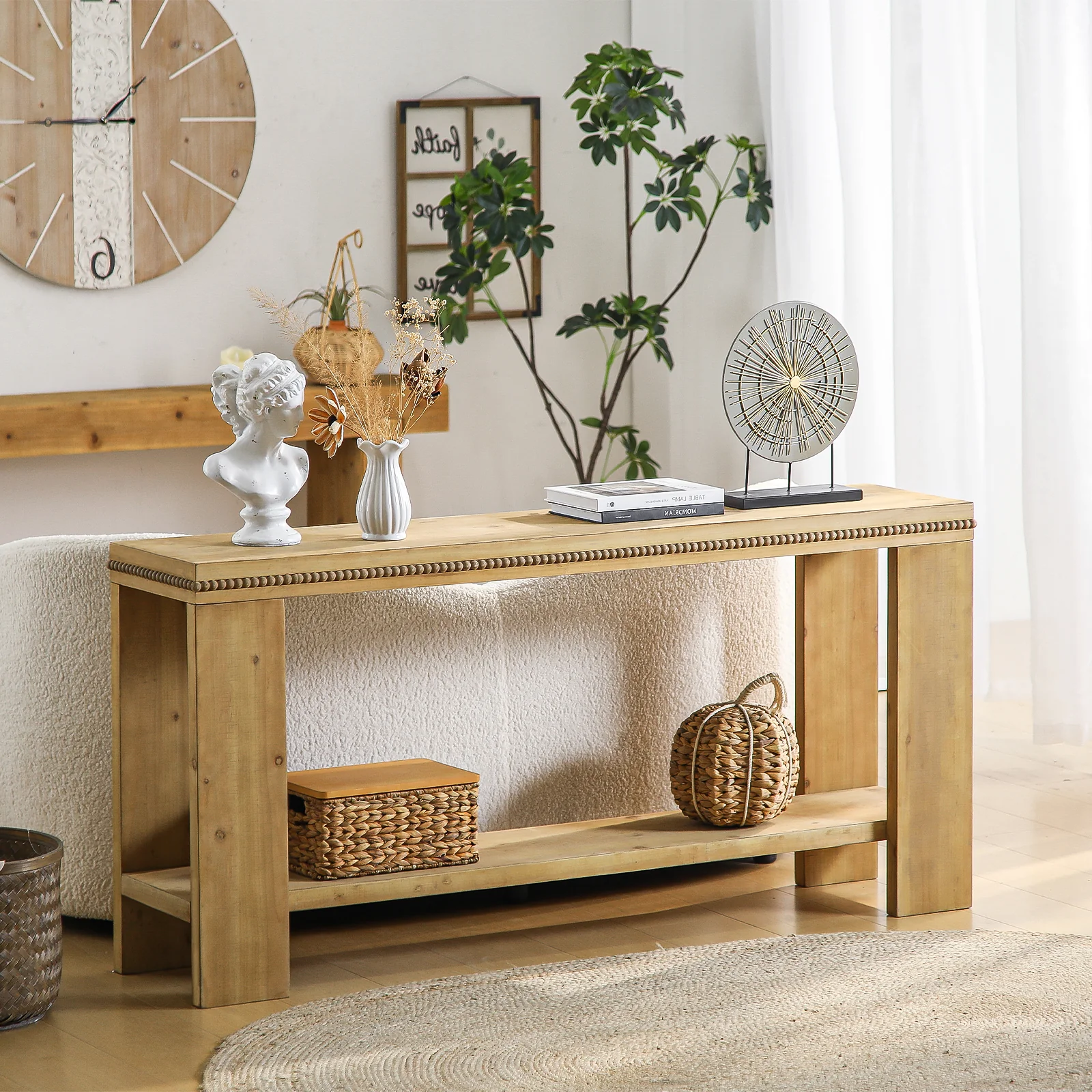 63" Rustic Farmhouse Sofa Table with Beaded Trim - Image 3