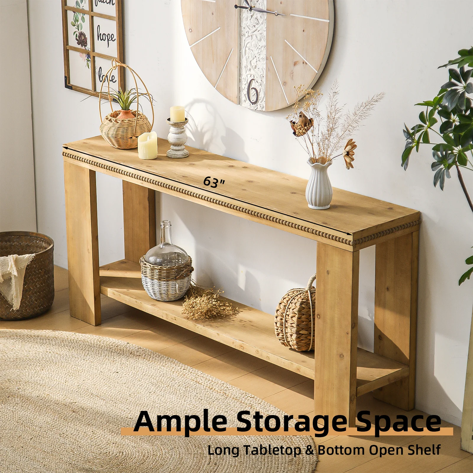 63" Rustic Farmhouse Sofa Table with Beaded Trim - Image 6