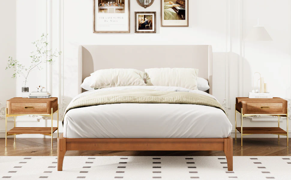 Solid Dry Bamboo Wood Platform Bed with 48" Upholstered High Headboard - Image 11