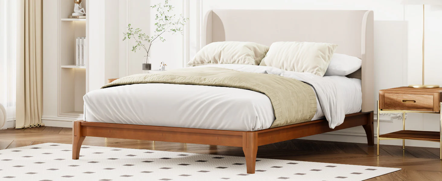 Solid Dry Bamboo Wood Platform Bed with 48" Upholstered High Headboard - Image 12