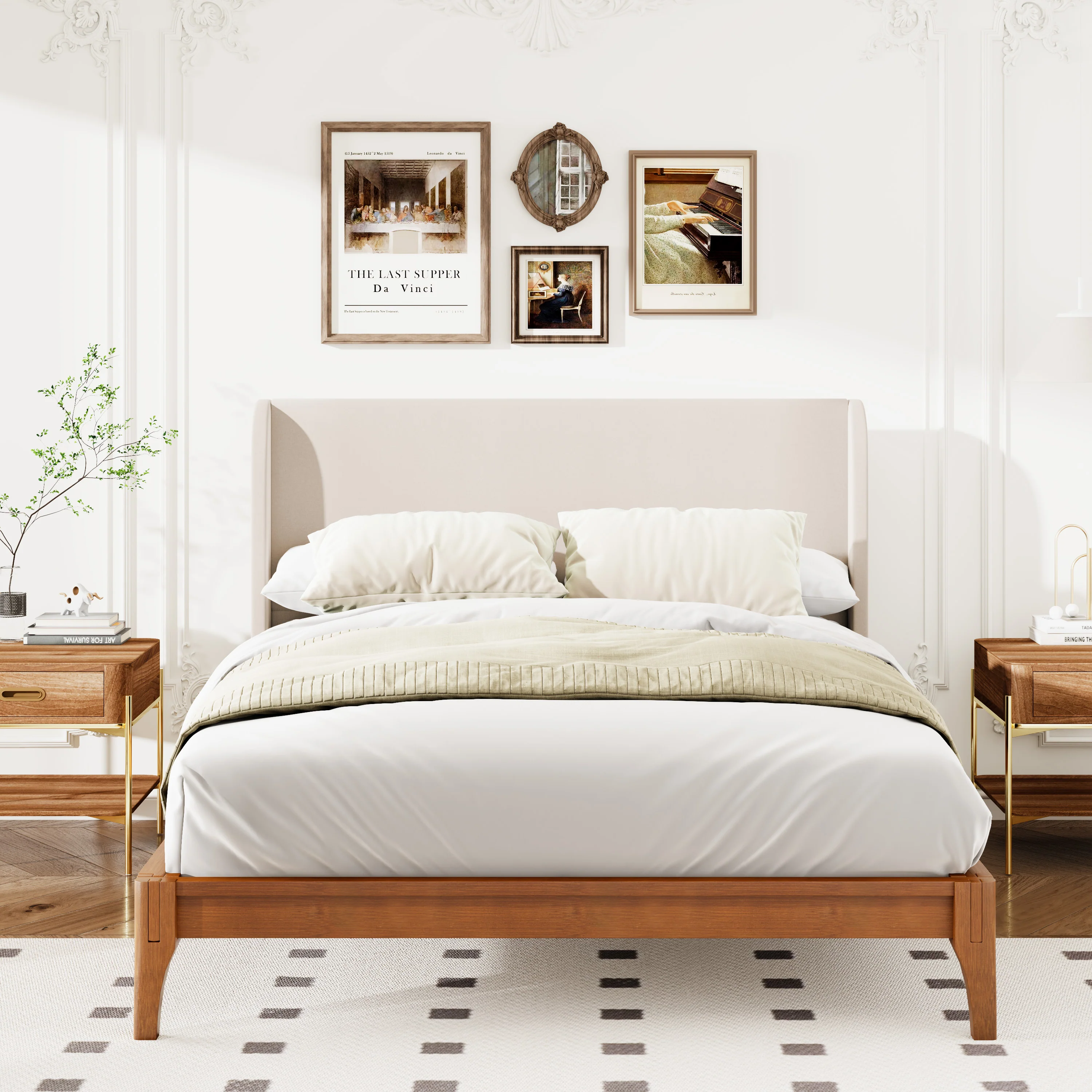 Solid Dry Bamboo Wood Platform Bed with 48" Upholstered High Headboard - Image 16