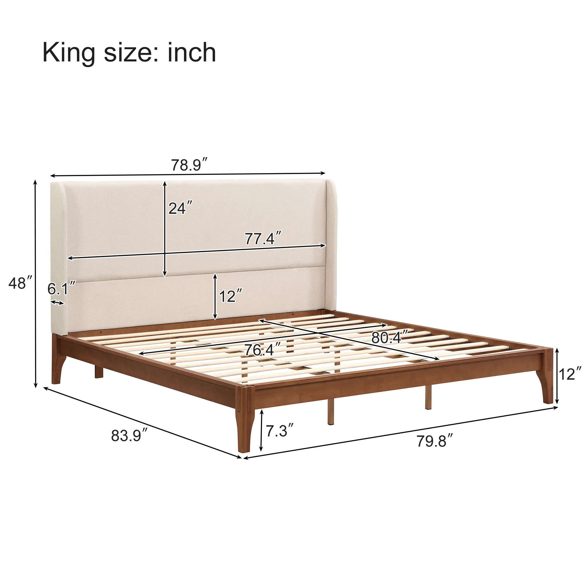 Solid Dry Bamboo Wood Platform Bed with 48" Upholstered High Headboard - Image 18