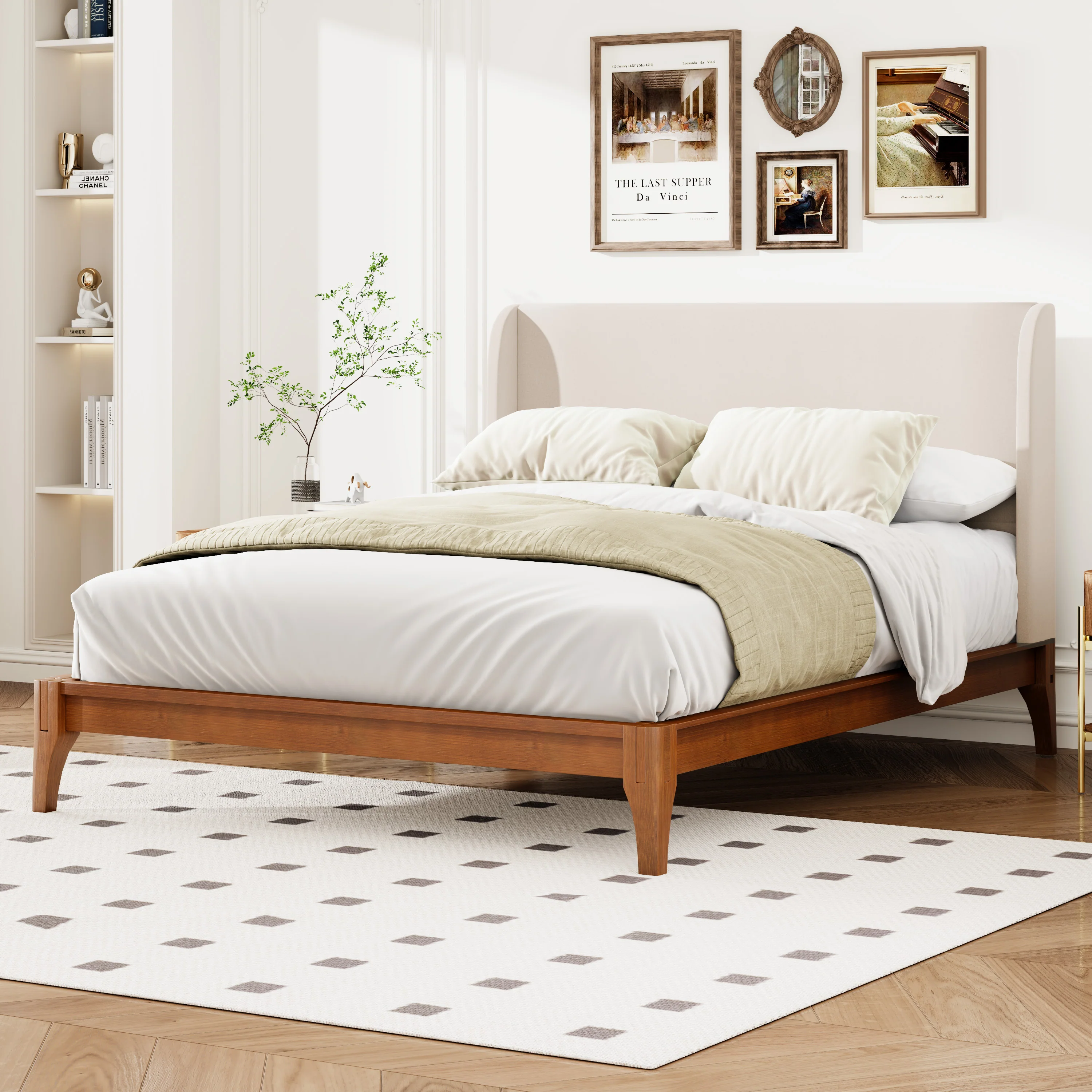 Solid Dry Bamboo Wood Platform Bed with 48" Upholstered High Headboard - Image 3