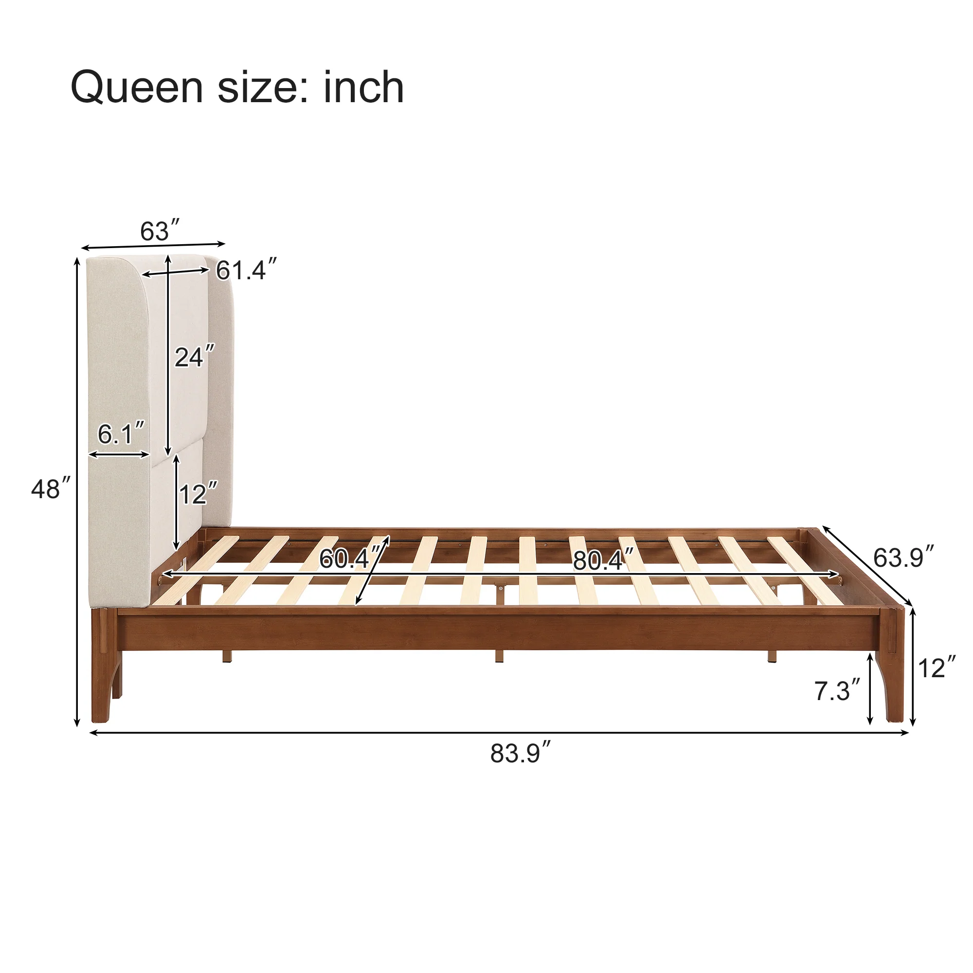 Solid Dry Bamboo Wood Platform Bed with 48" Upholstered High Headboard - Image 4