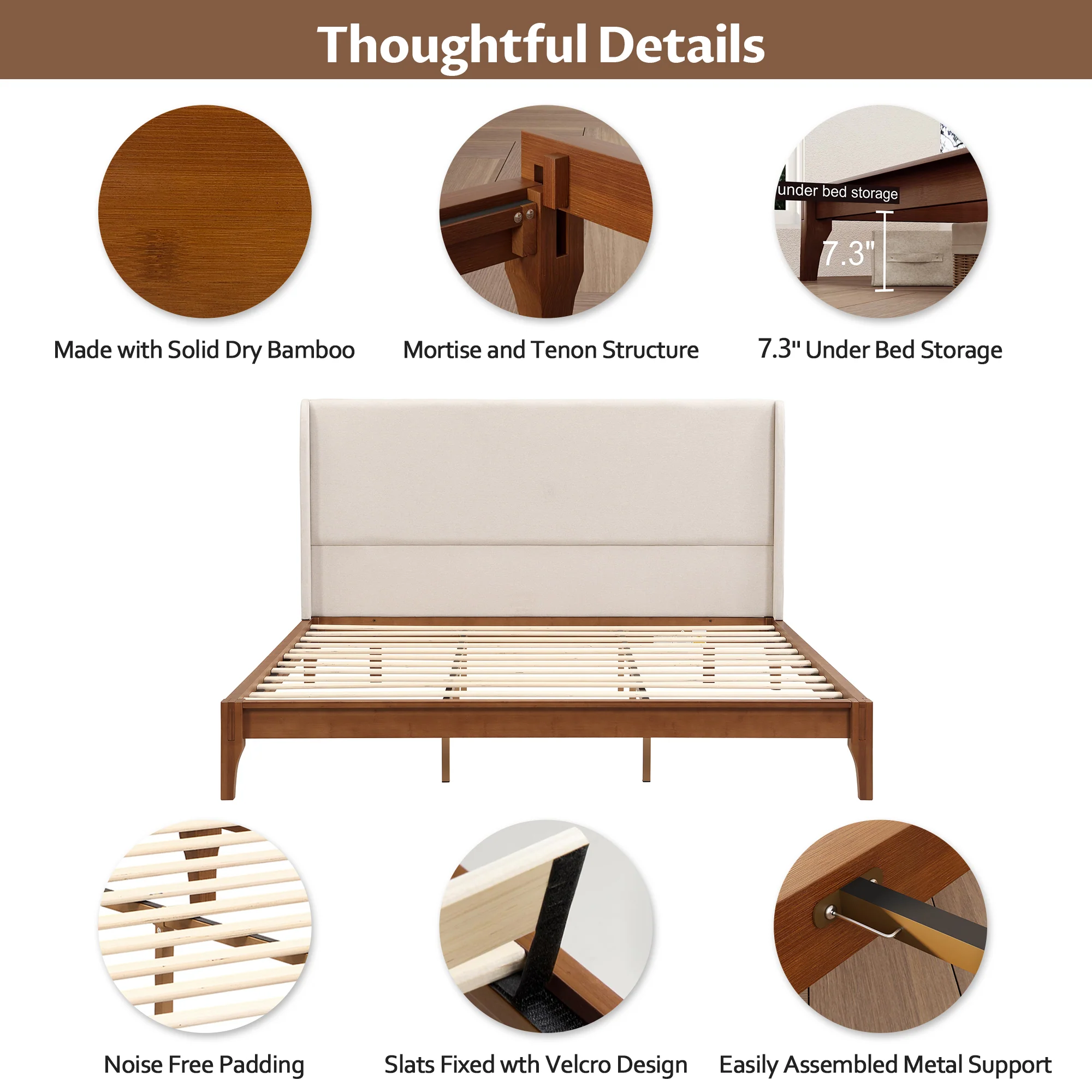 Solid Dry Bamboo Wood Platform Bed with 48" Upholstered High Headboard - Image 9