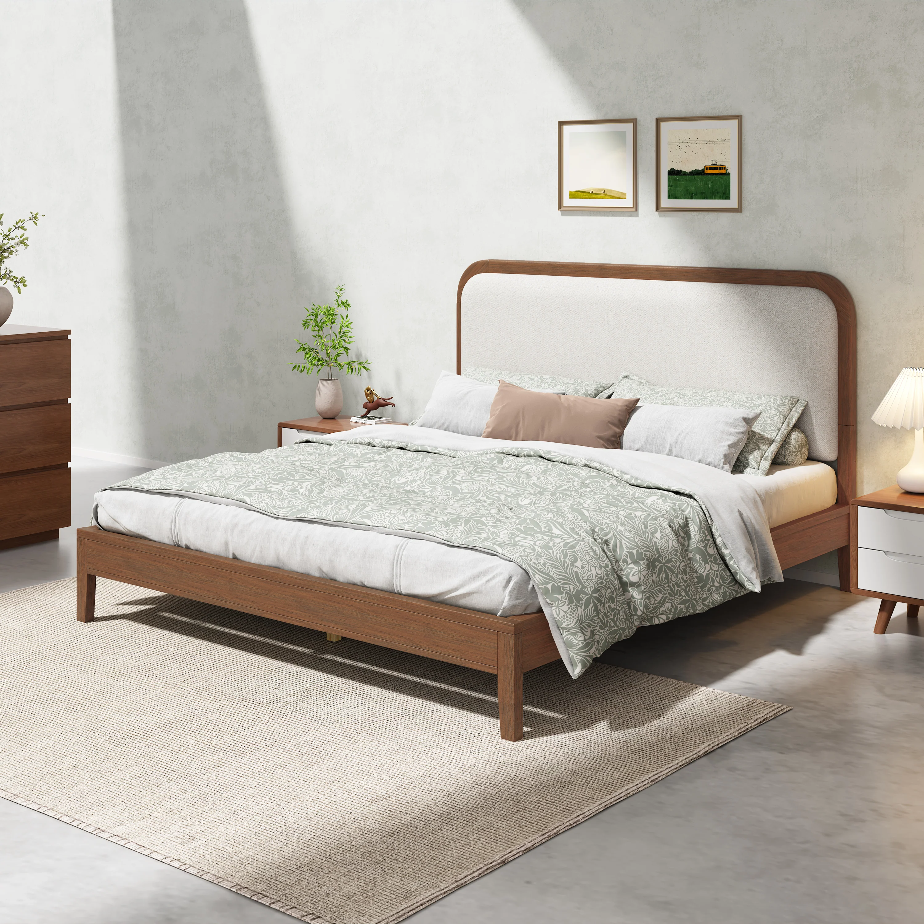 Acacia Wood Bed Frame With Beige Upholstered Headboard - Image 2