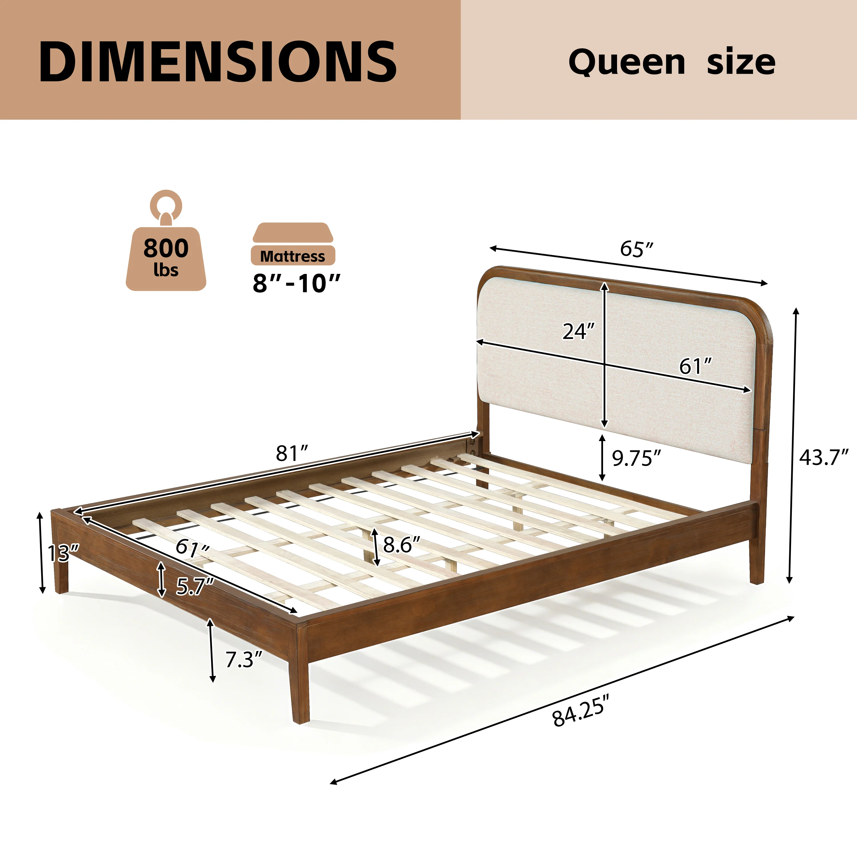 Acacia Wood Bed Frame With Beige Upholstered Headboard - Image 4