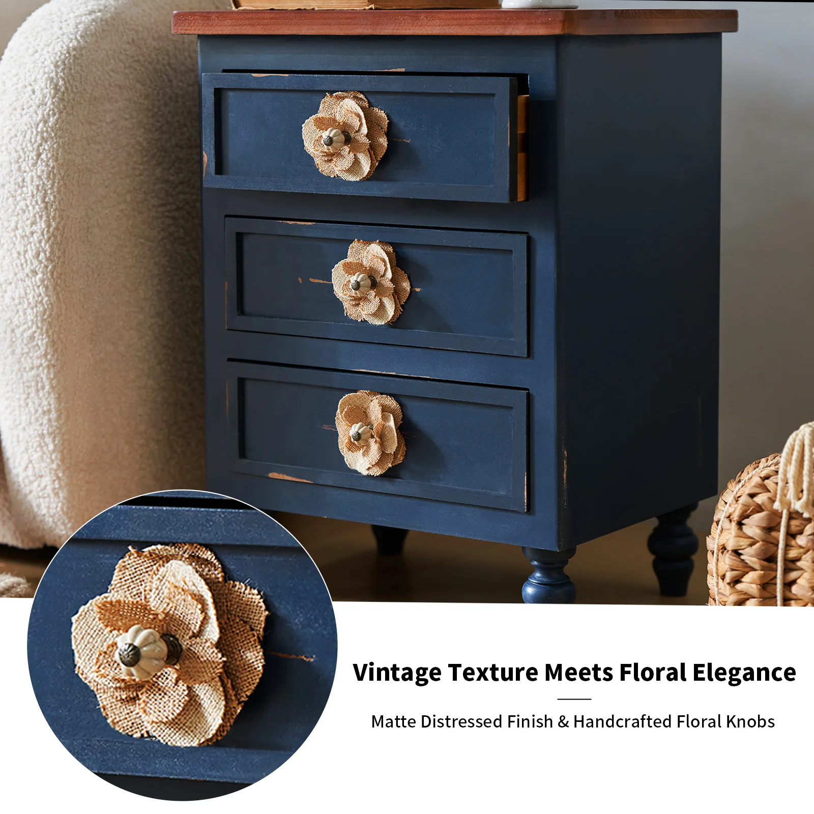 Vintage Farmhouse End Table with Floral Knobs - Image 10