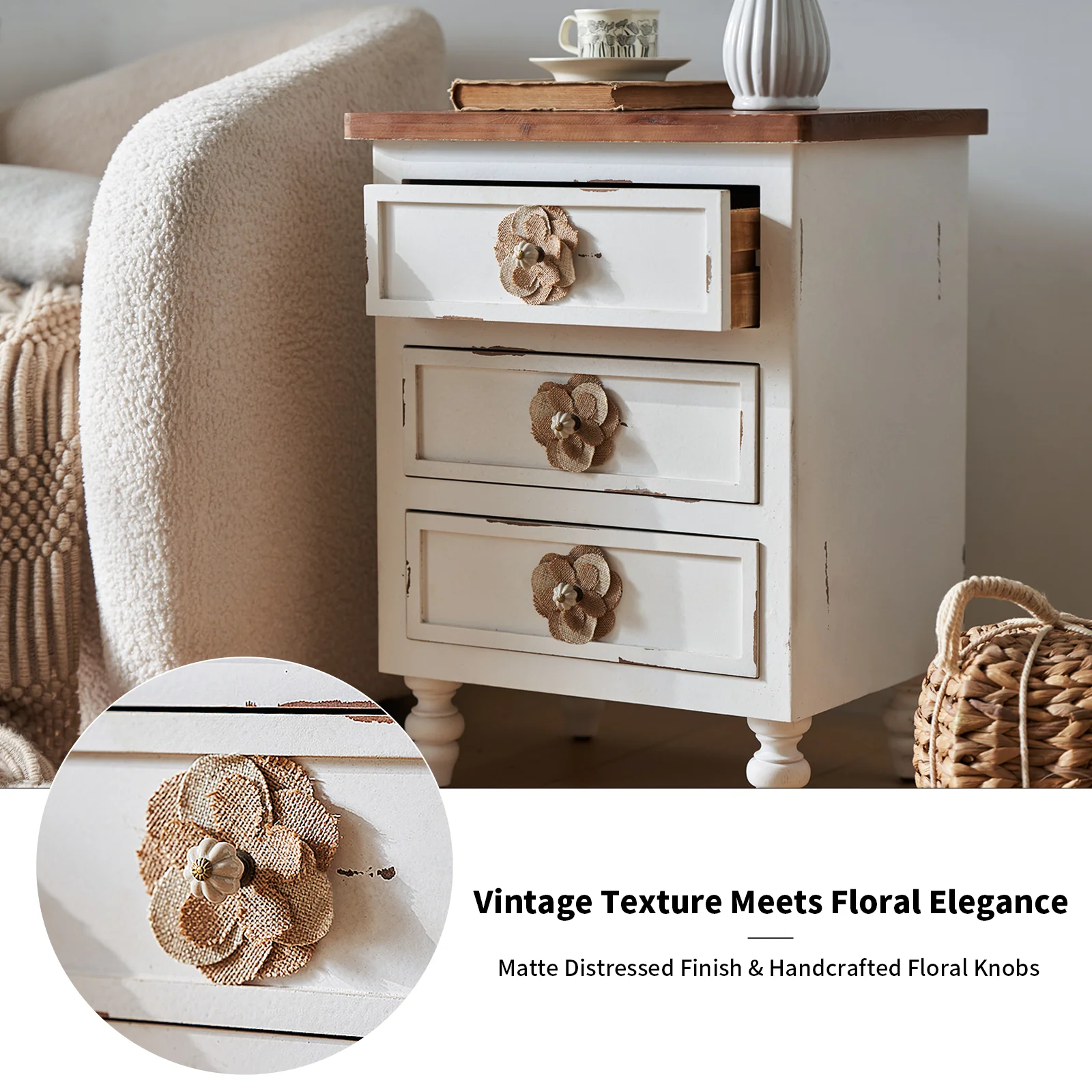Vintage Farmhouse End Table with Floral Knobs - Image 17