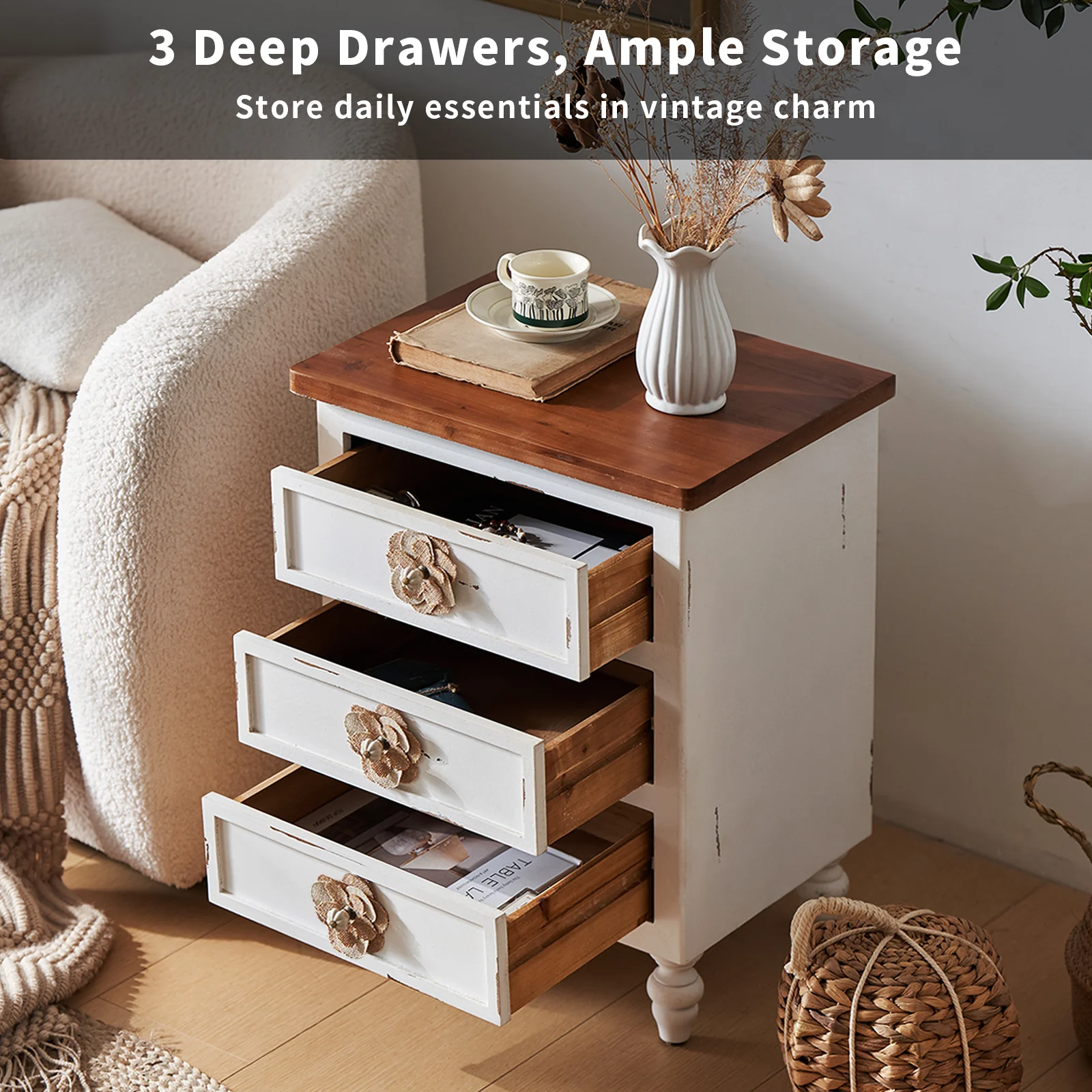 Vintage Farmhouse End Table with Floral Knobs - Image 2