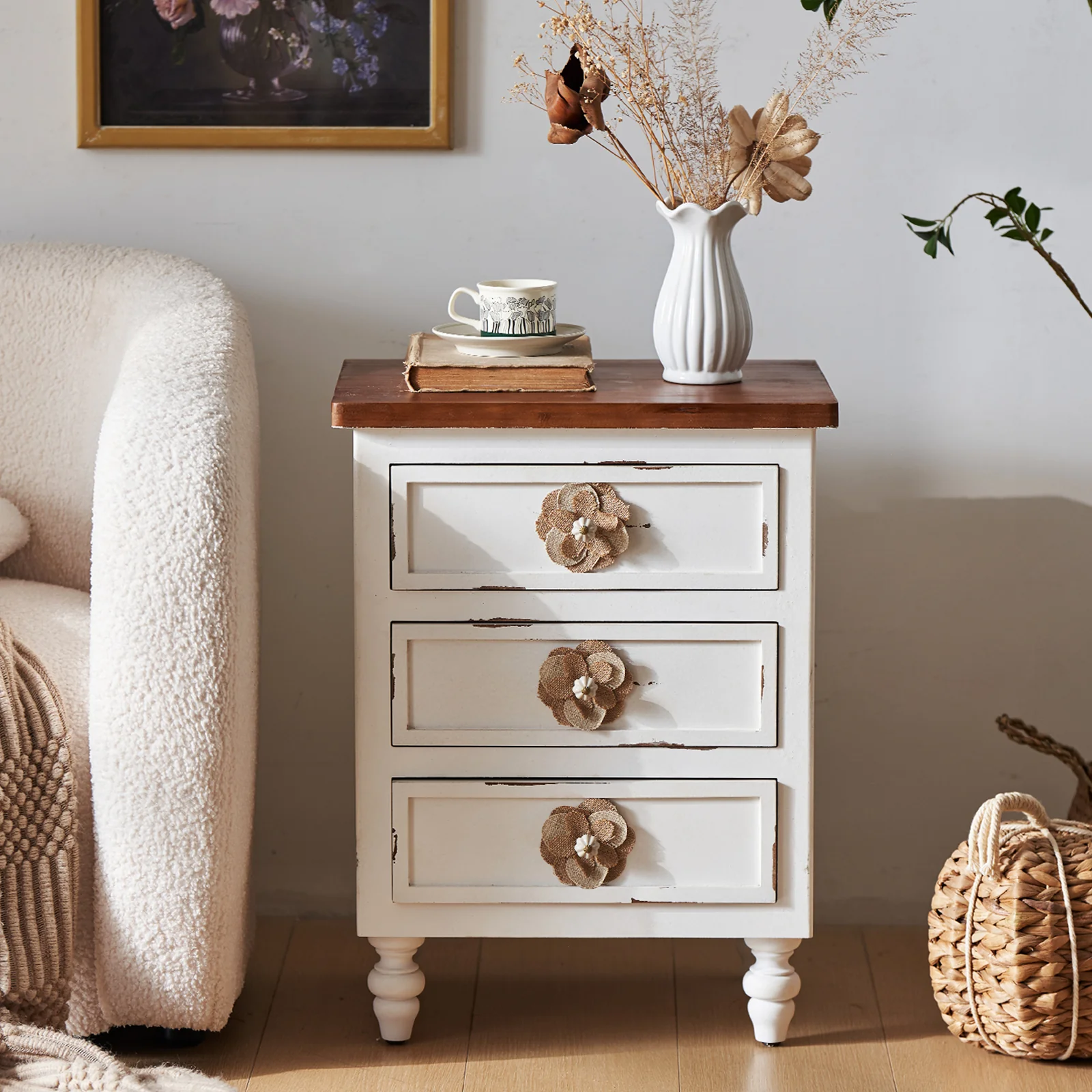 Vintage Farmhouse End Table with Floral Knobs - Image 5