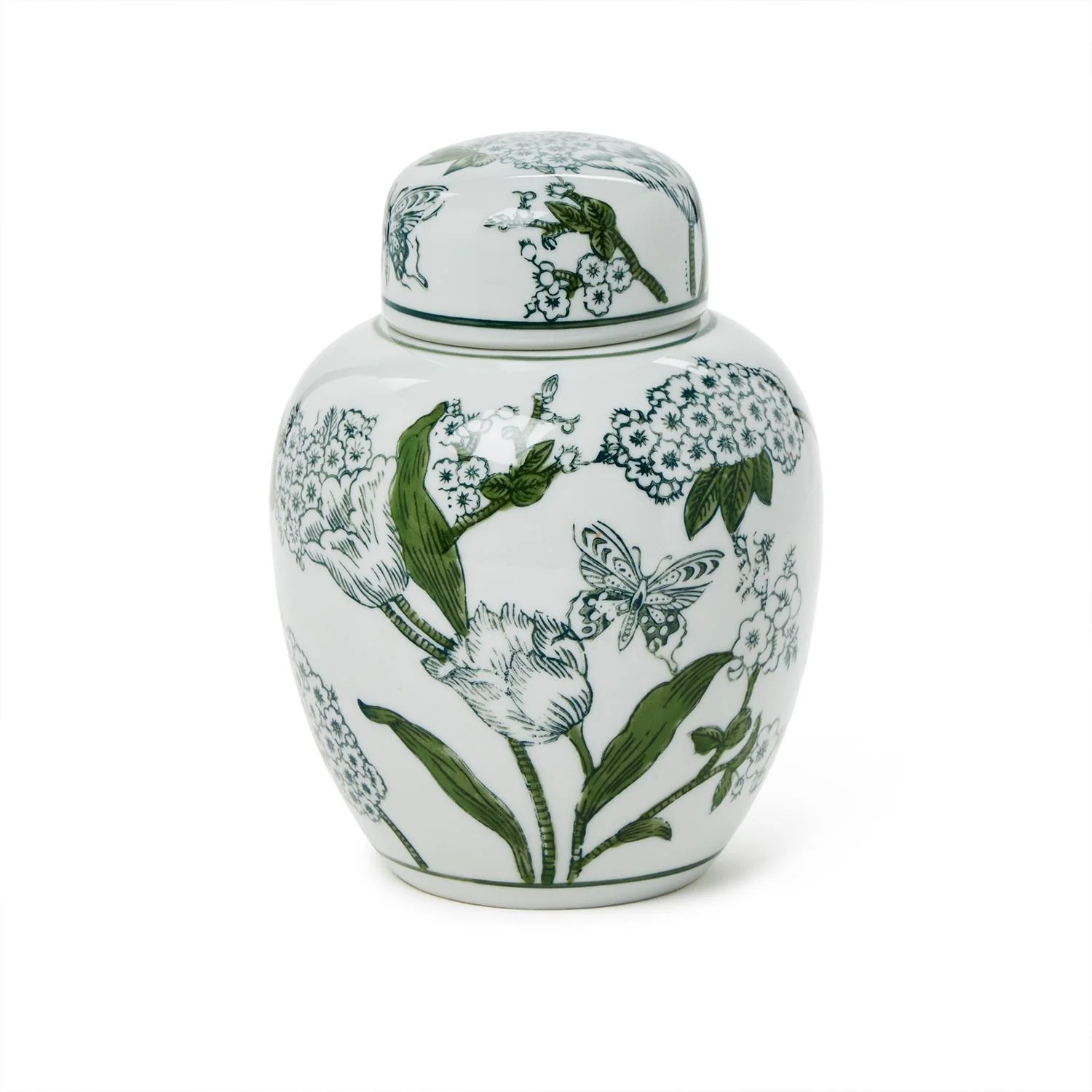 7 1/2" Primrose and Lotus Green and White Chinoiserie Ginger Jar with Lid