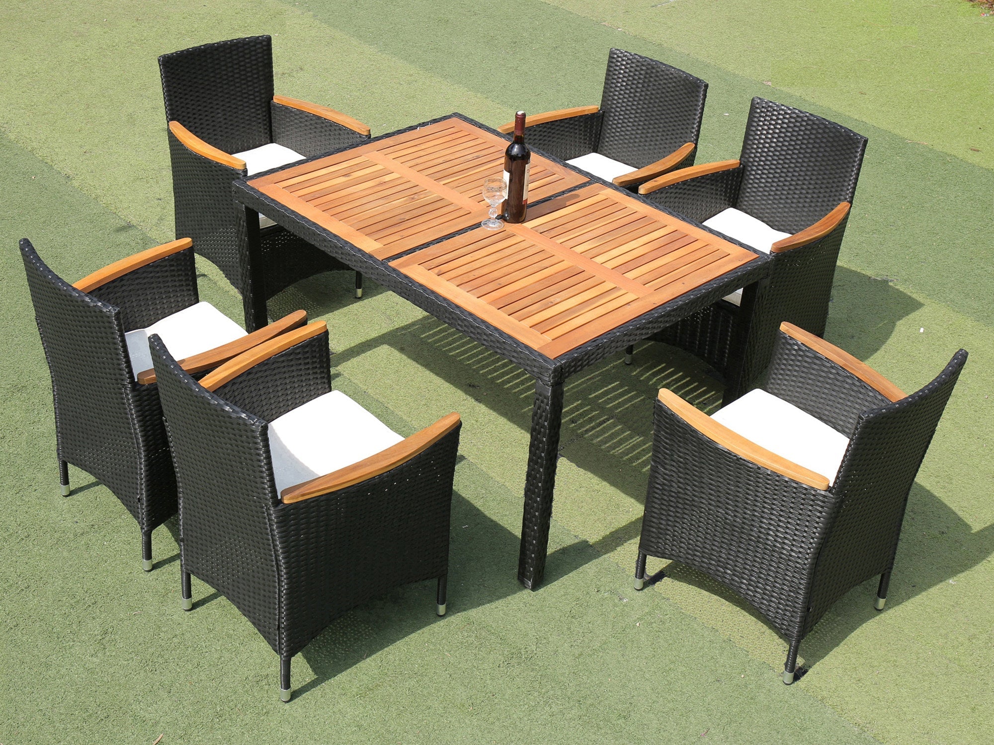 7 Piece Patio Wicker Dining Set with Acacia Wood Top - Image 4