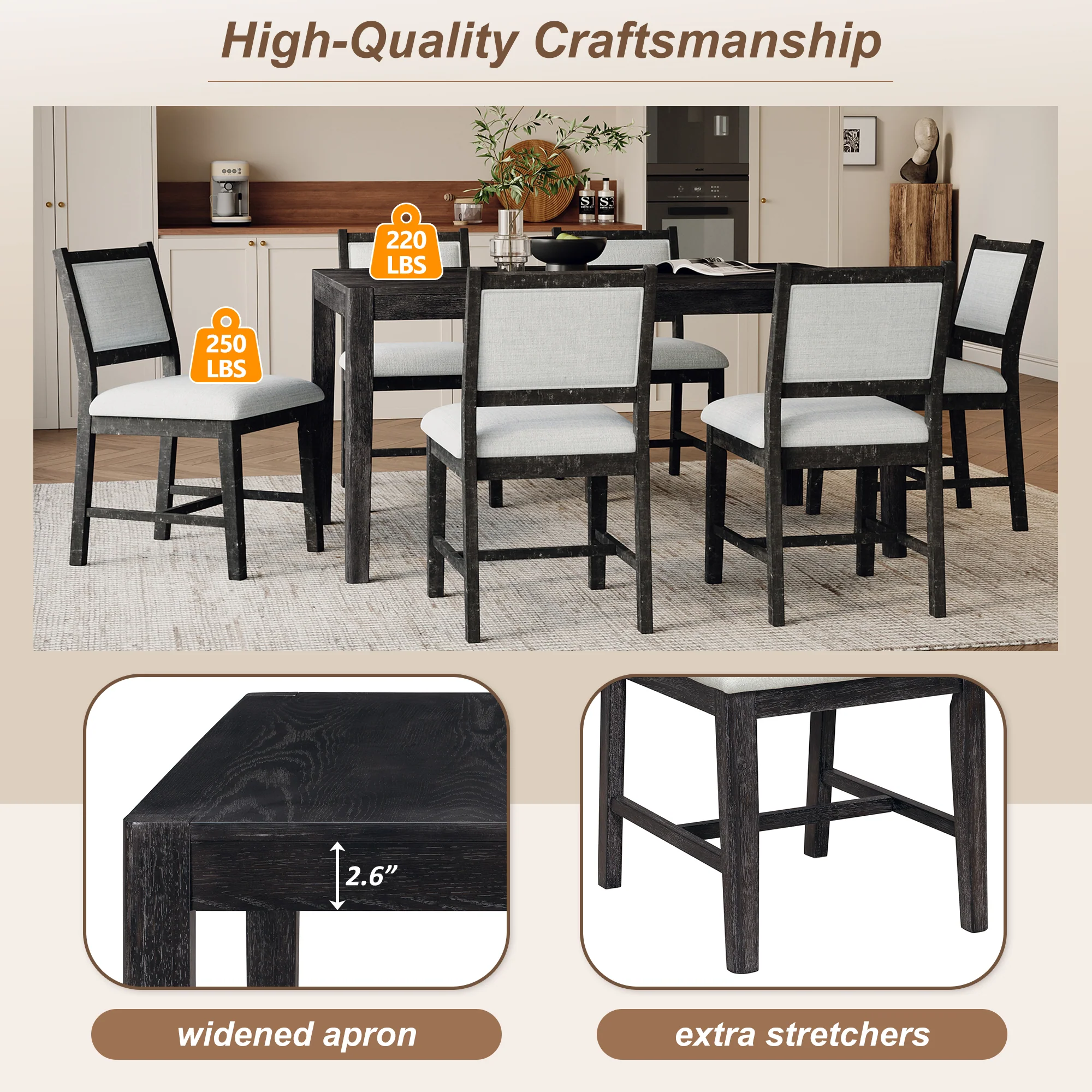 7-Piece Retro Dining Table Set with 6 Upholstered Chairs - Image 6
