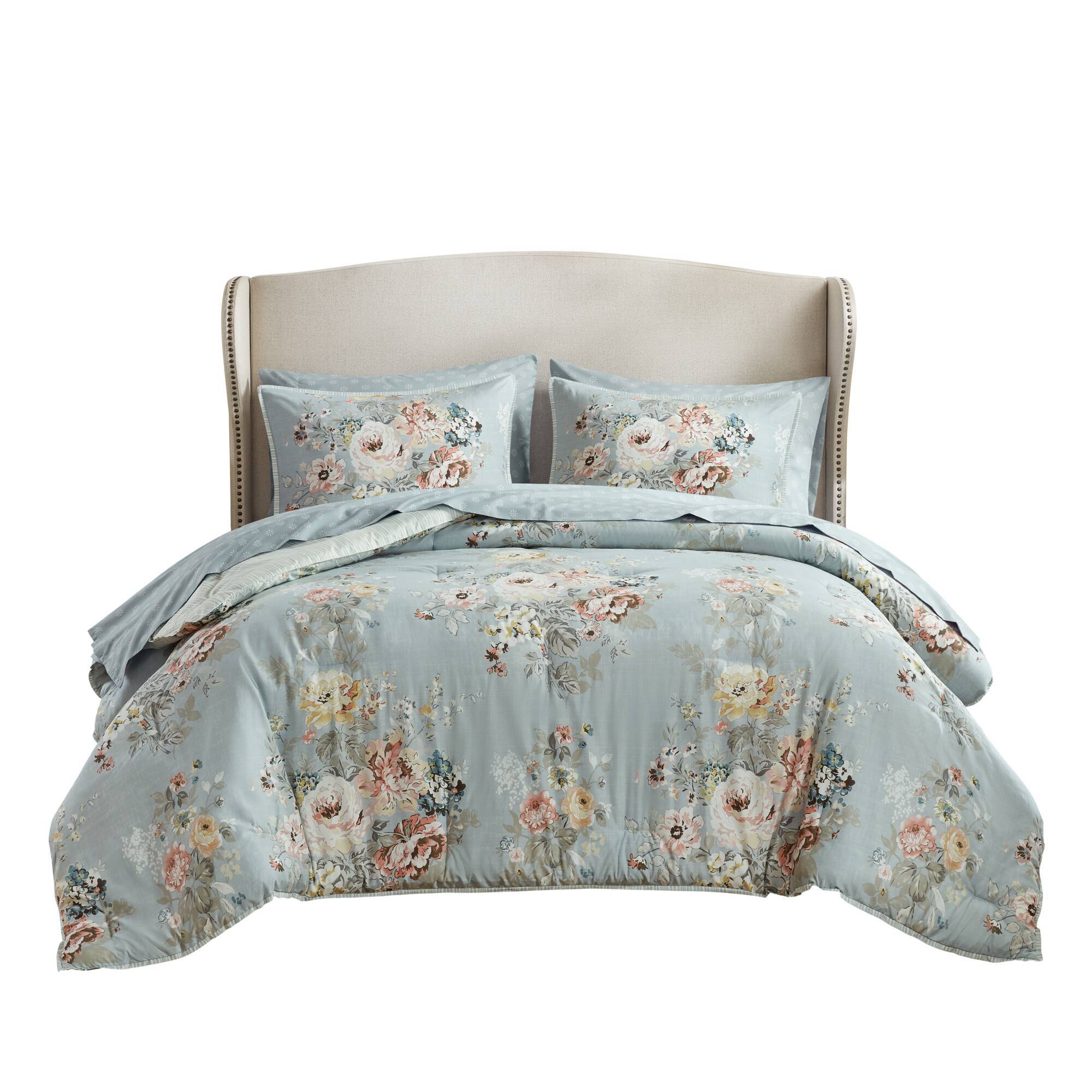 5 Piece Vintage-Inspired Soft Blue Floral Comforter Set - Image 7