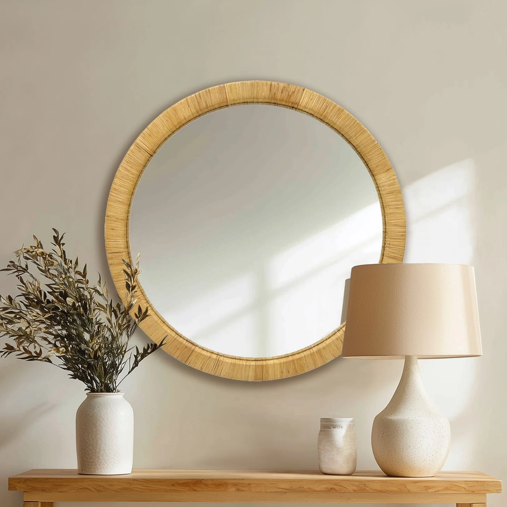 36" Natural Rattan Round Wall Mirror - Image 2