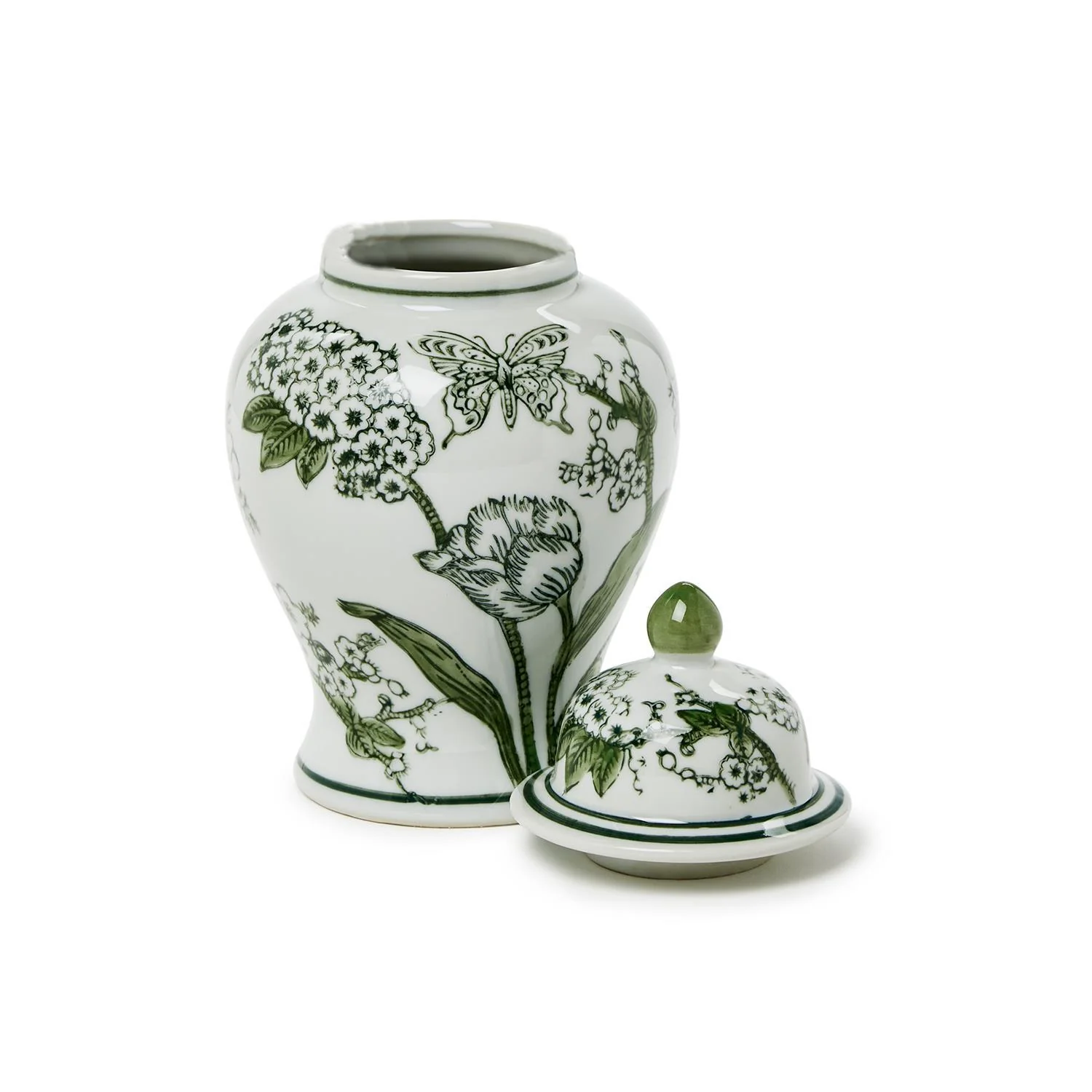 8" Primrose and Lotus Green and White Chinoiseire Jar with Lid - Image 3