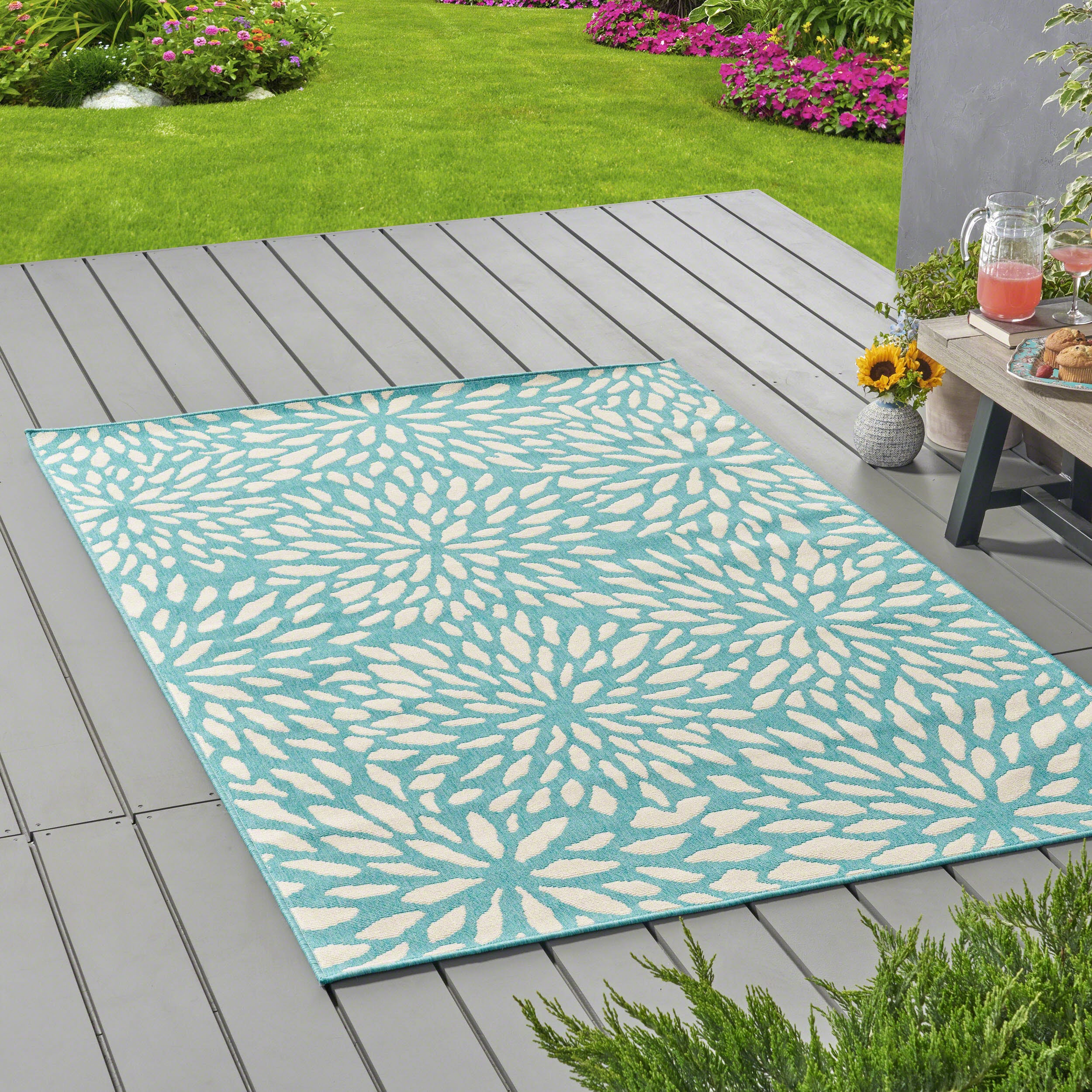 90" x 63" Outdoor Rug with Floral Design and Rectangle Shape - Image 2