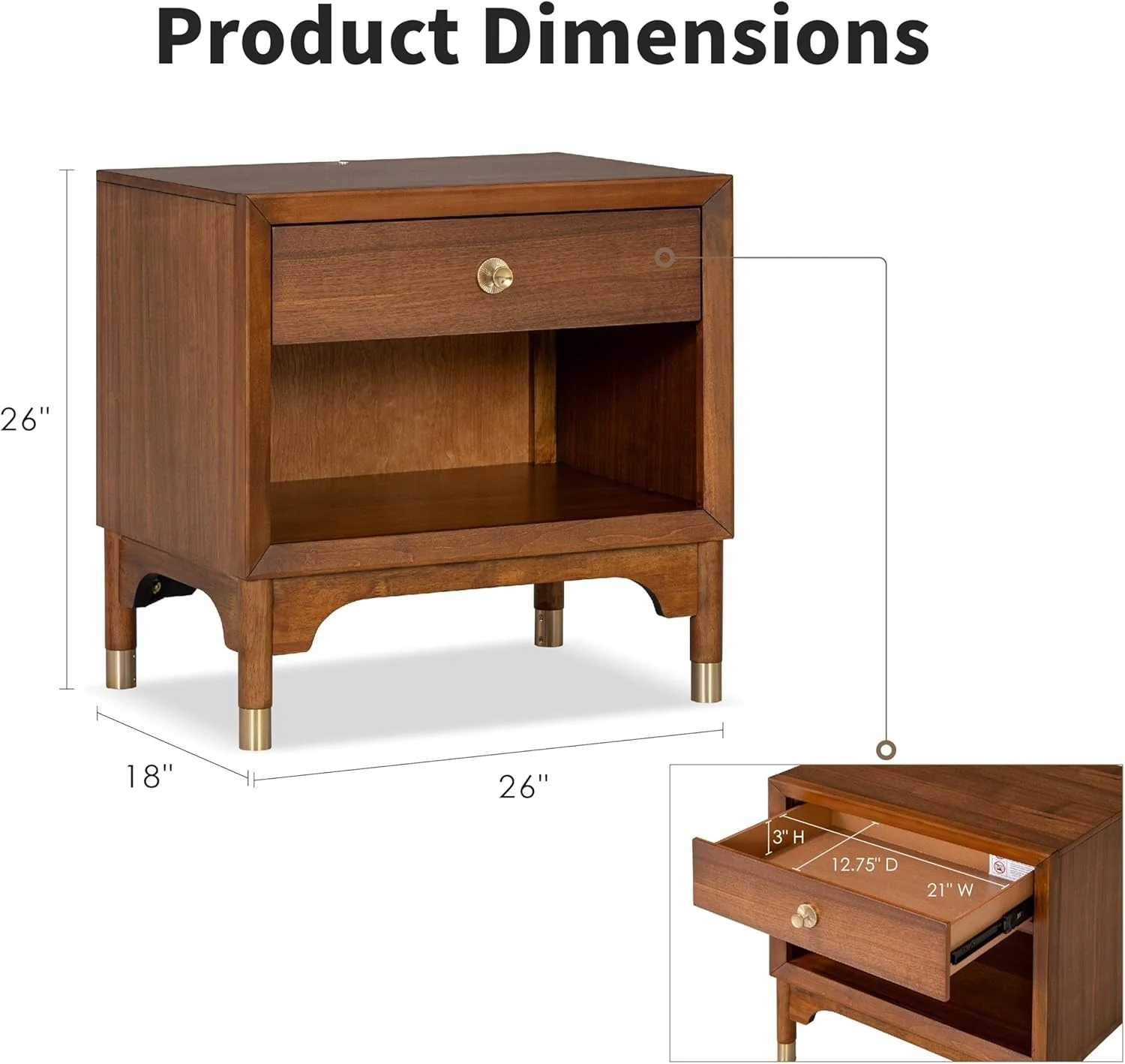 Edison Mid-Century Modern Nightstand with Gold Capped Legs - Image 8