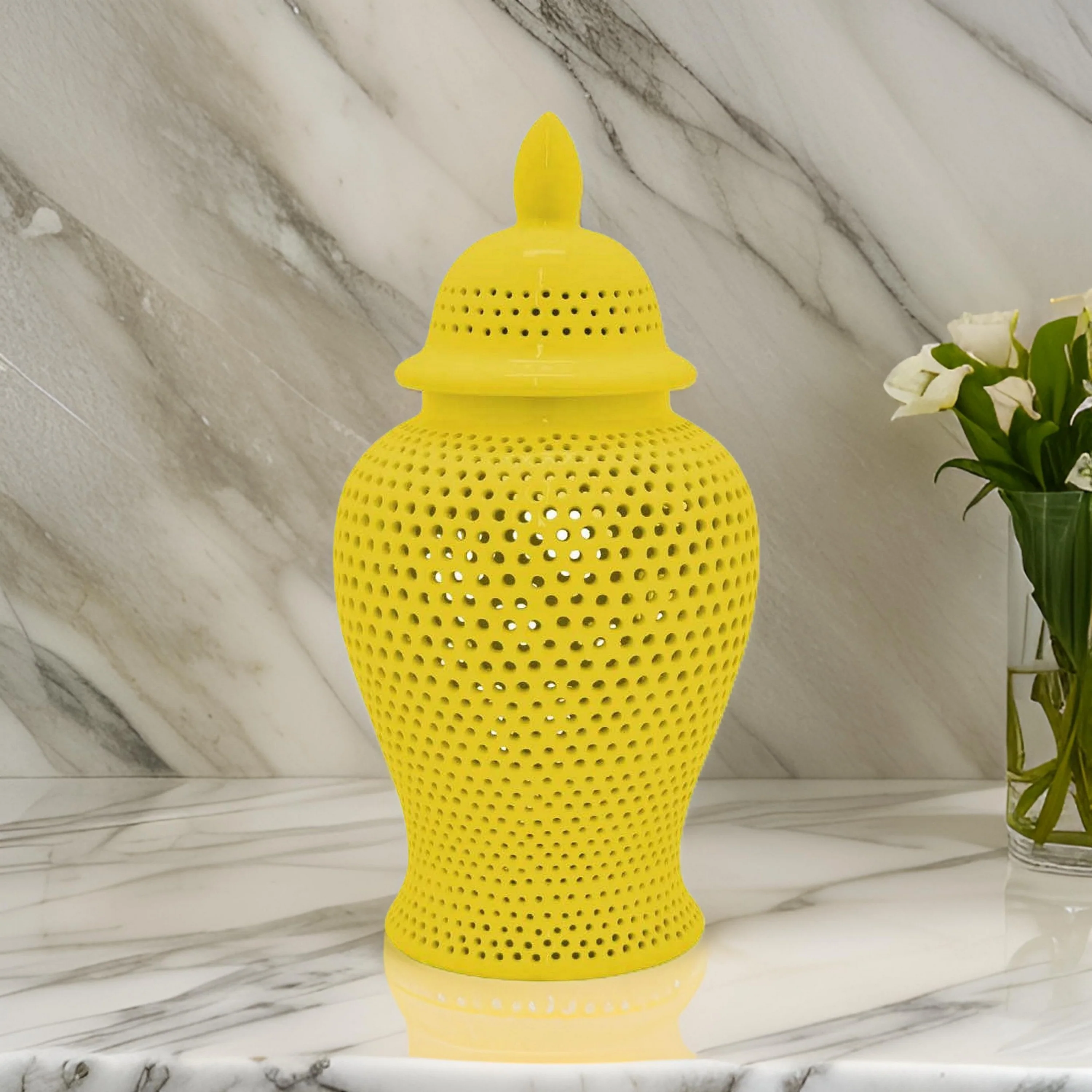 Deni Yellow Carved Cutout Lattice Lidded Ginger Jar - Image 2