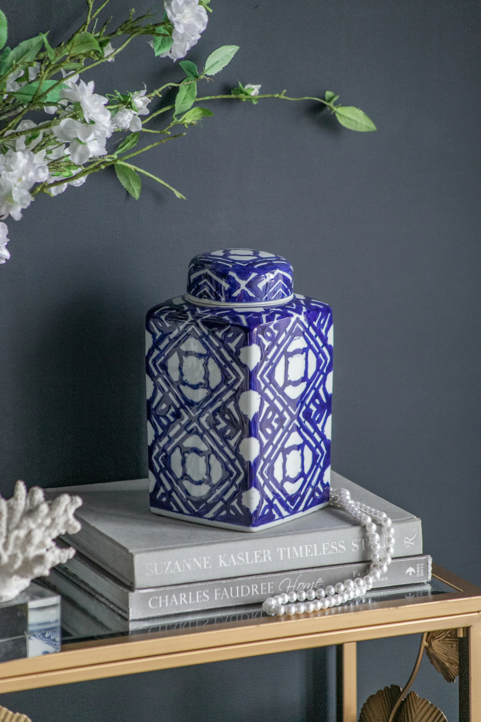 Valora Blue and White Square Lidded Ginger Jar - Image 11