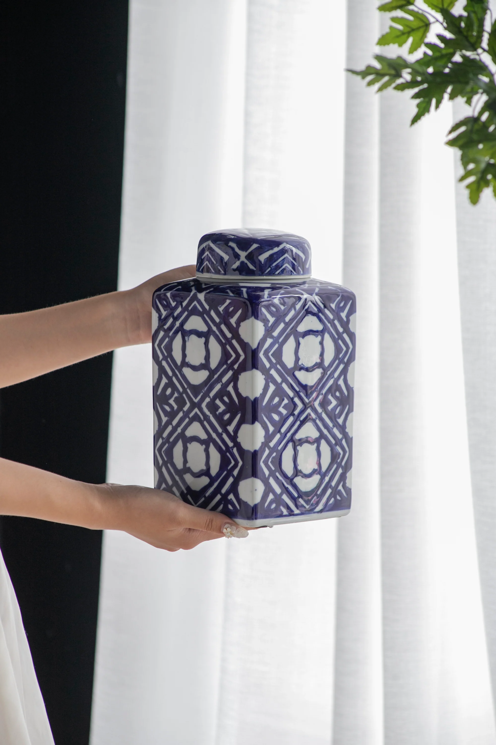 Valora Blue and White Square Lidded Ginger Jar - Image 3