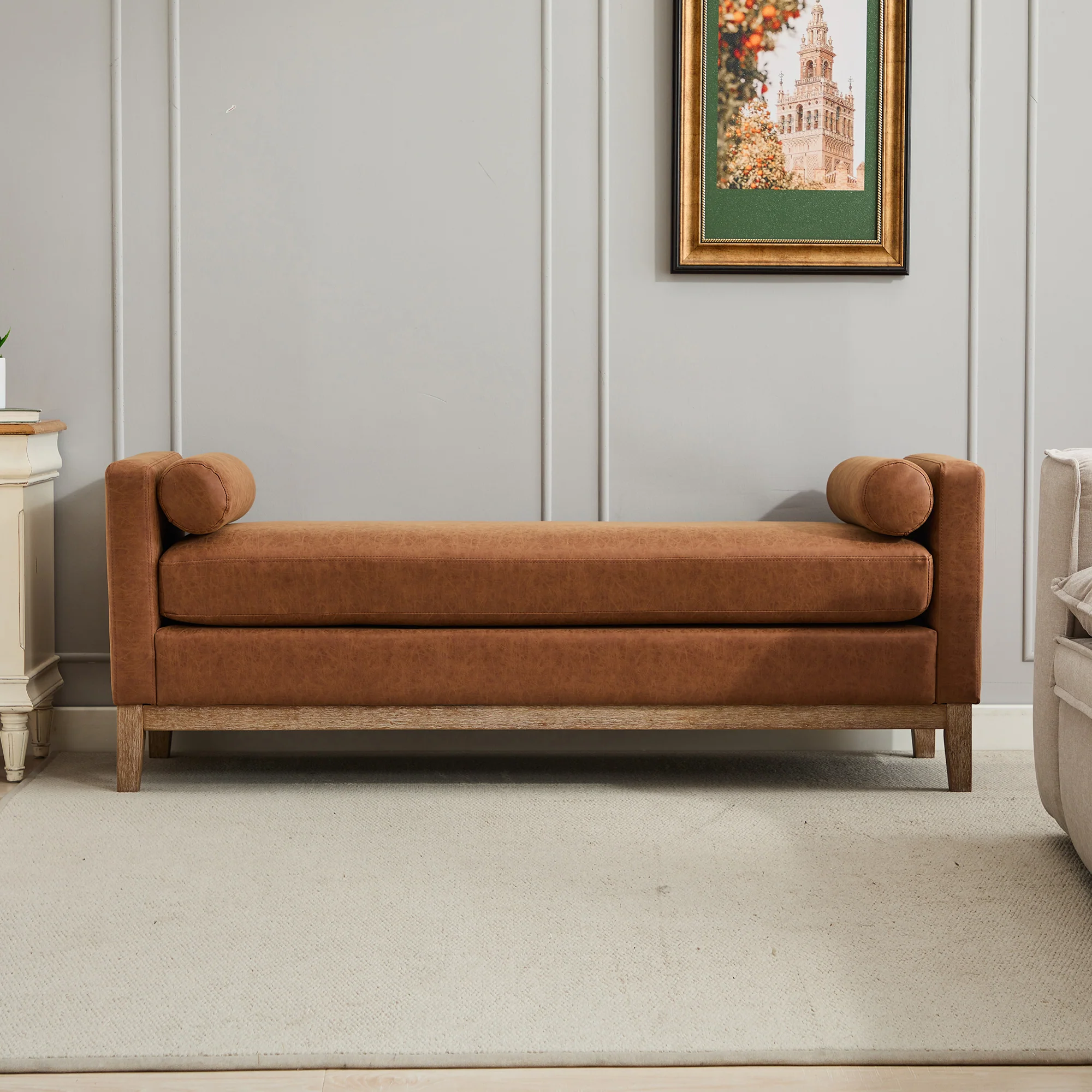 Upholstered Bench with Wood Legs and Two Bolster Pillows - Image 17