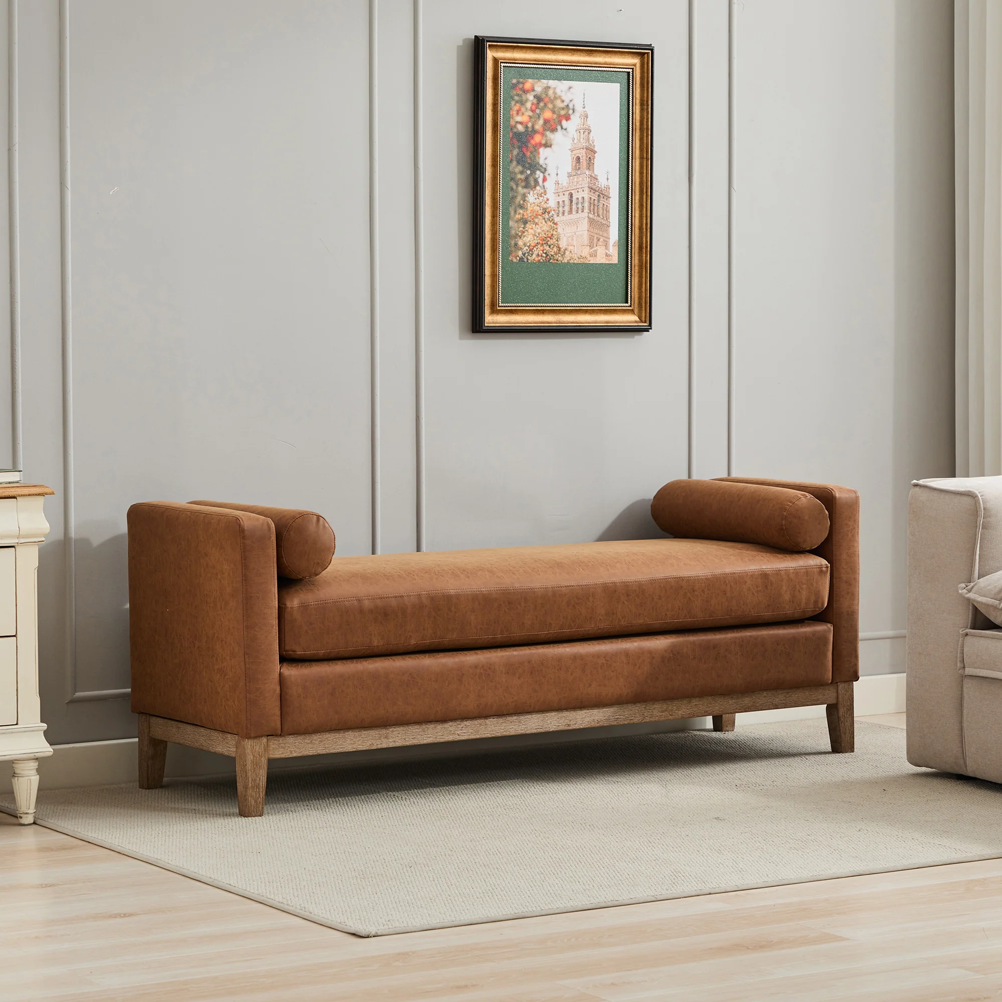 Upholstered Bench with Wood Legs and Two Bolster Pillows - Image 18
