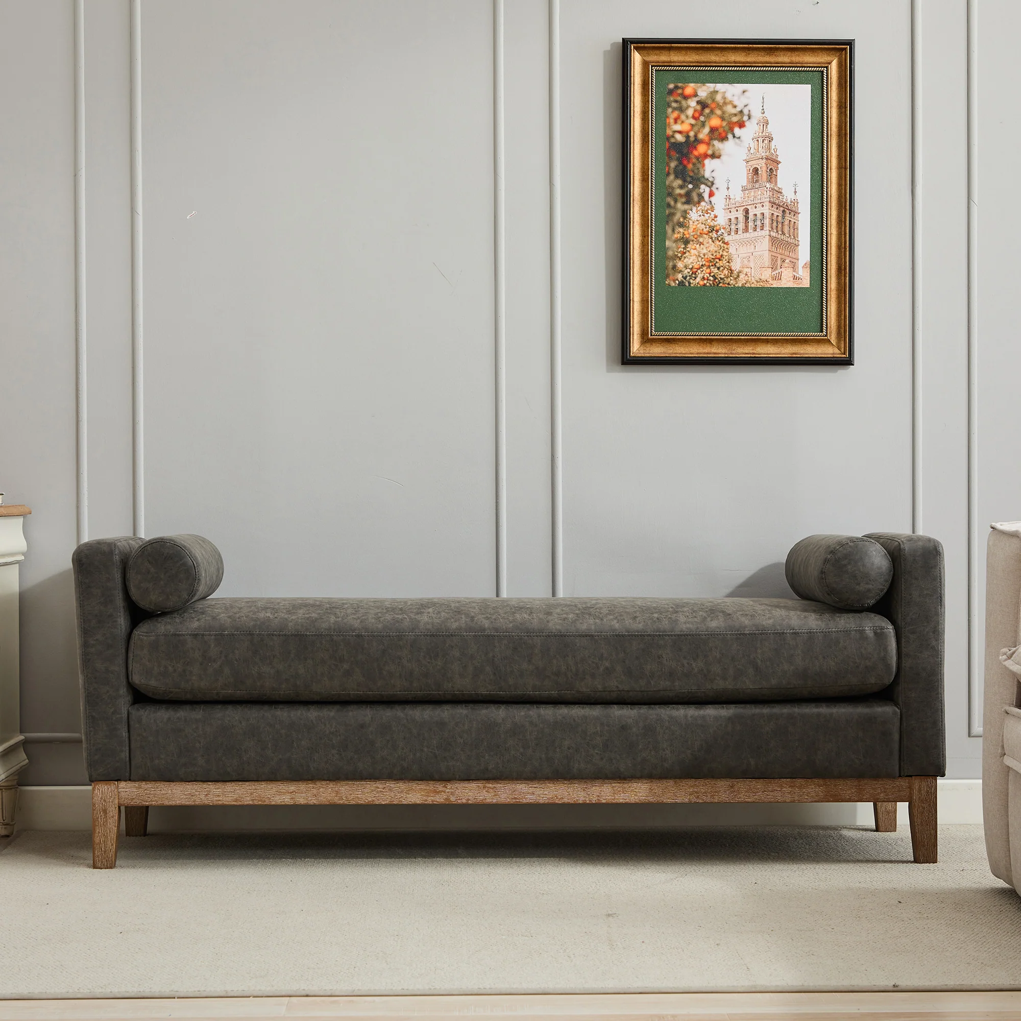 Upholstered Bench with Wood Legs and Two Bolster Pillows - Image 24