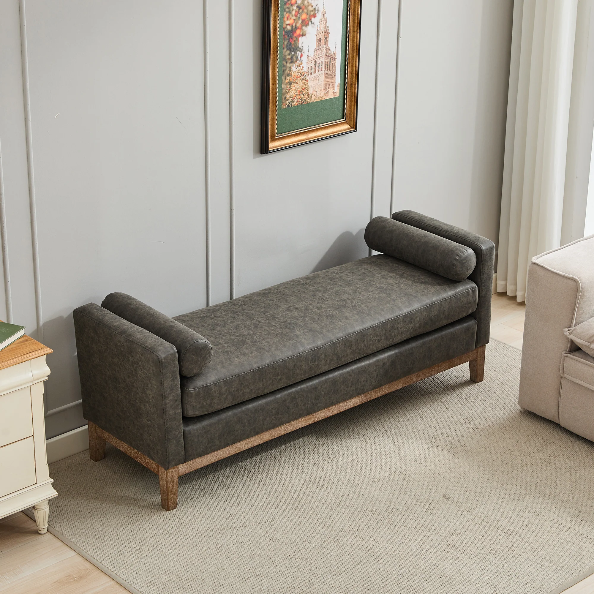 Upholstered Bench with Wood Legs and Two Bolster Pillows - Image 25