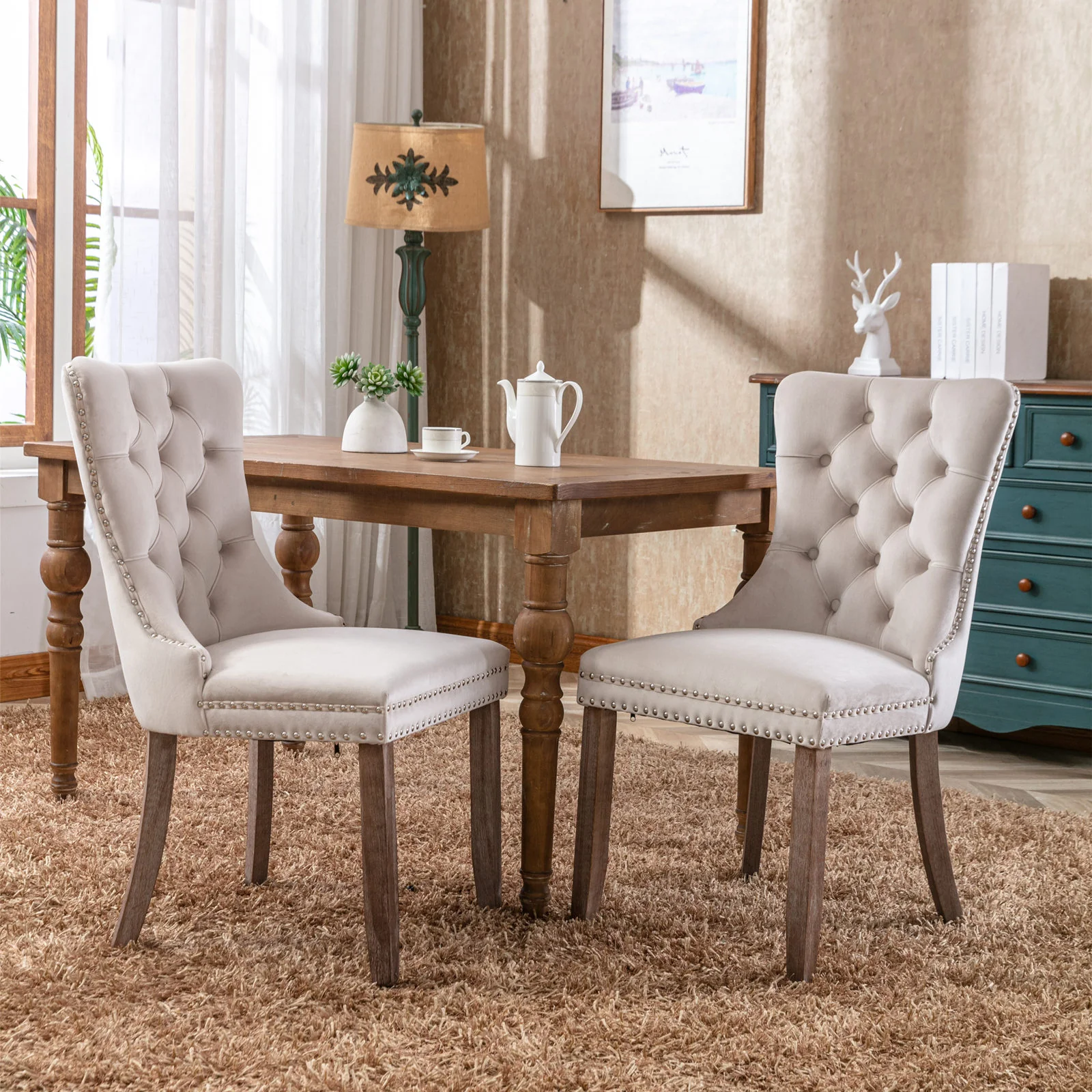 Rosewick Modern Tufted Velvet Nailhead Trim Solid Wood Upholstered Dining Chair with Wood Legs, Set of 2 - Image 45