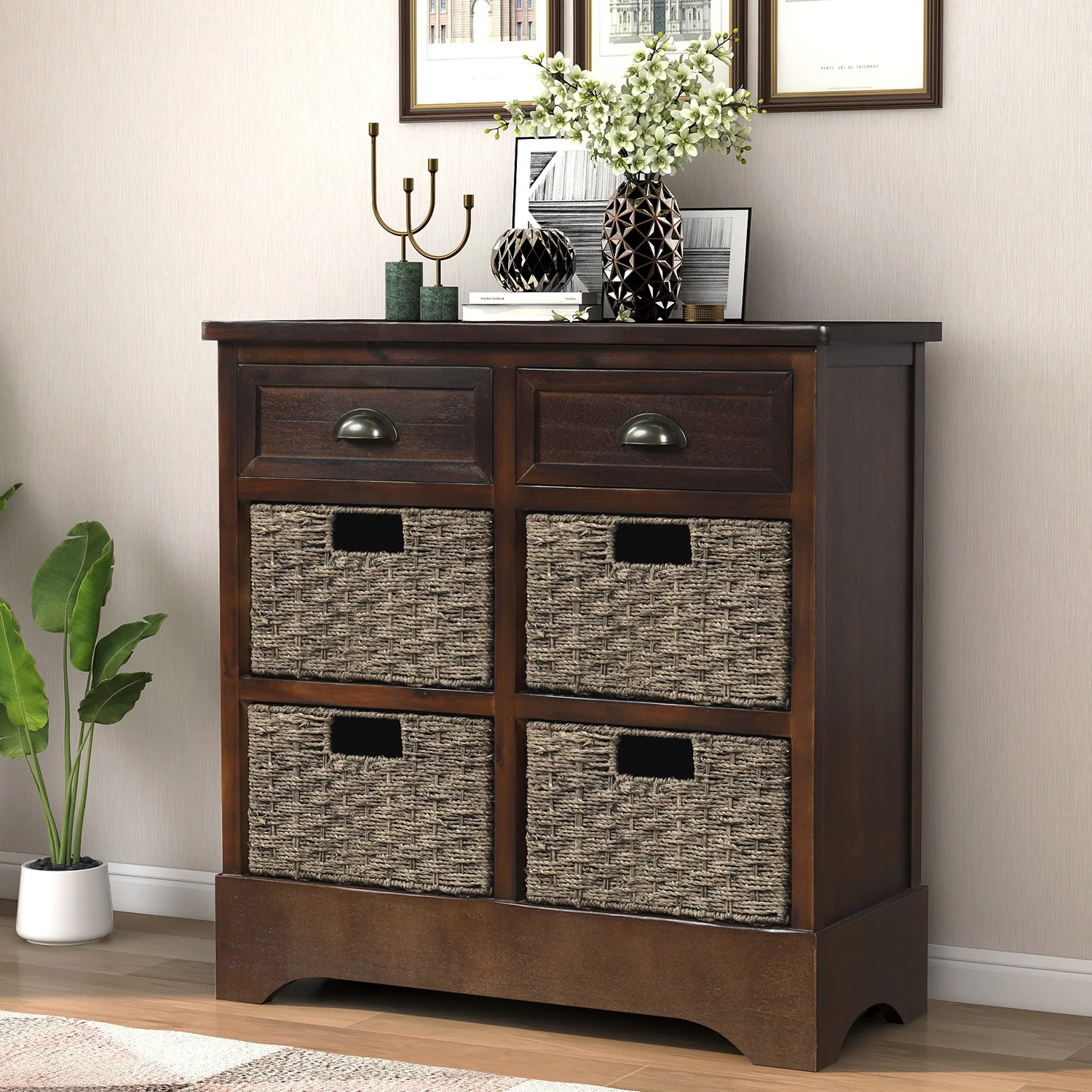 Abby Storage Cabinet with 2 Drawers and 4 Rattan Basket