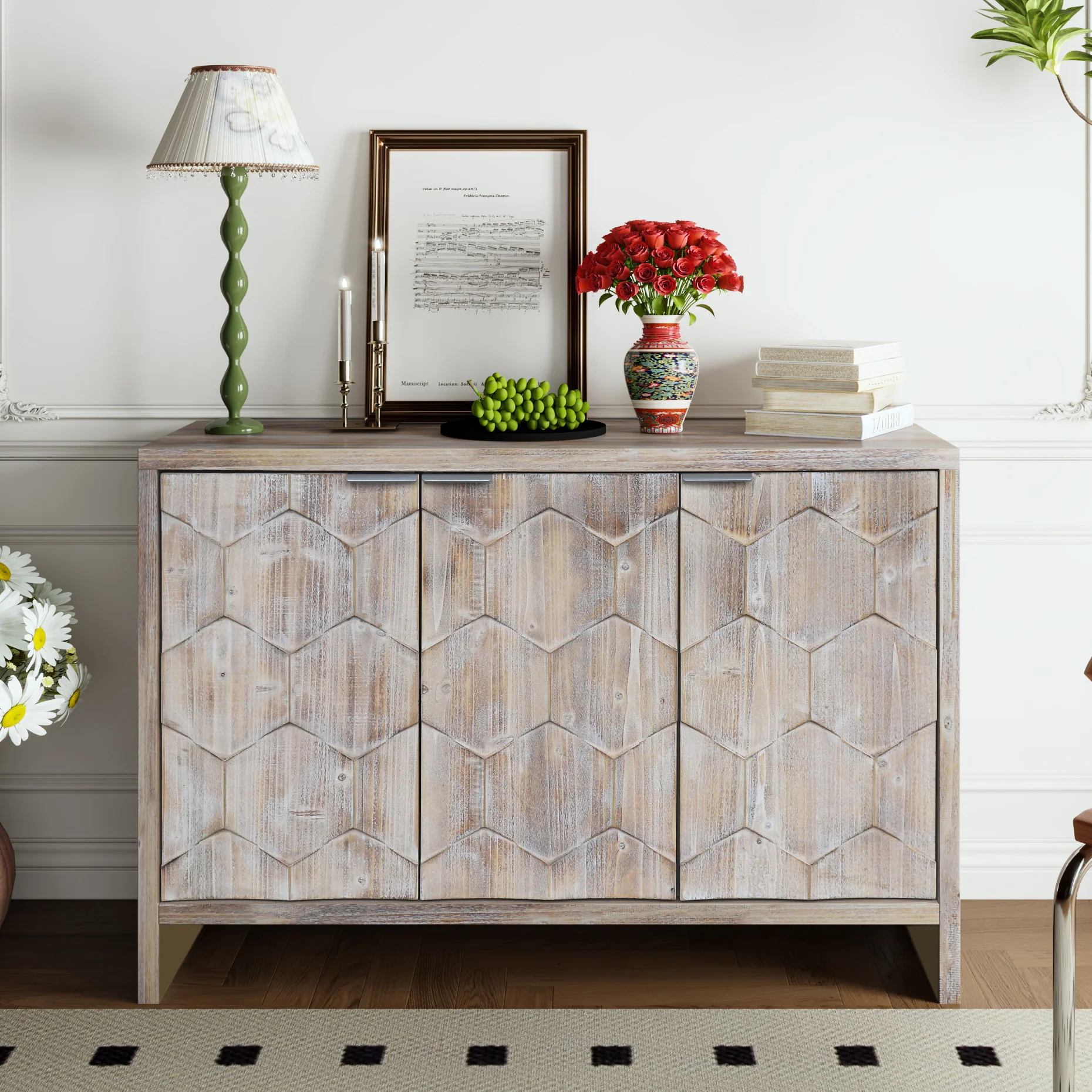 Farmhouse Style 3 Door Wooden Sideboard
