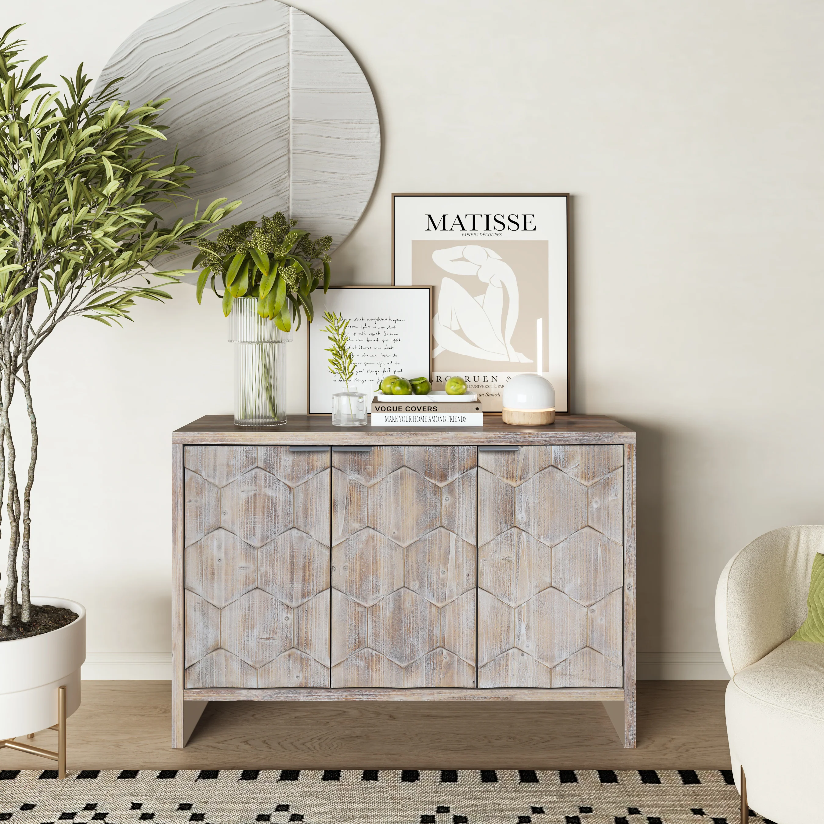 Farmhouse Style 3 Door Wooden Sideboard - Image 4