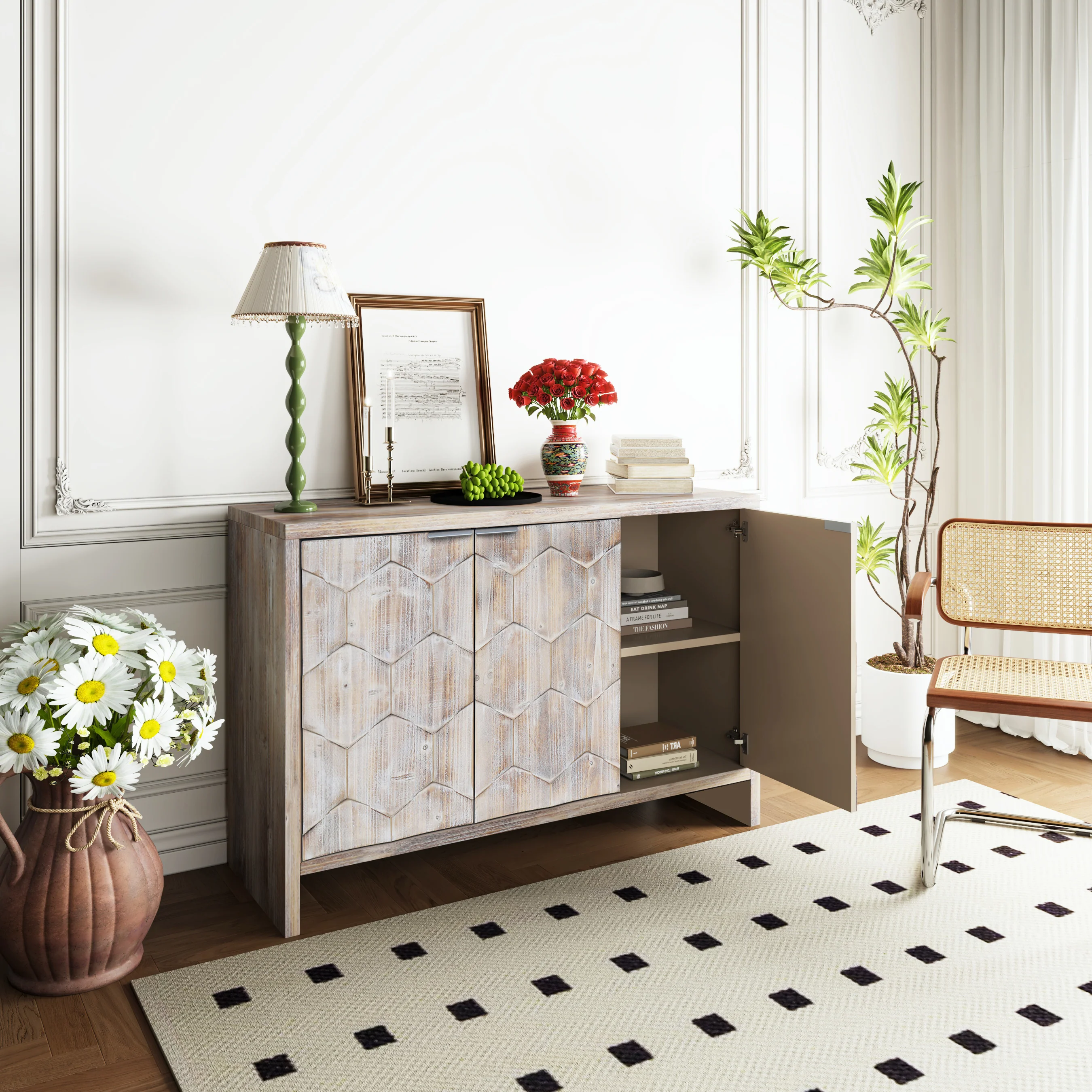 Farmhouse Style 3 Door Wooden Sideboard - Image 5