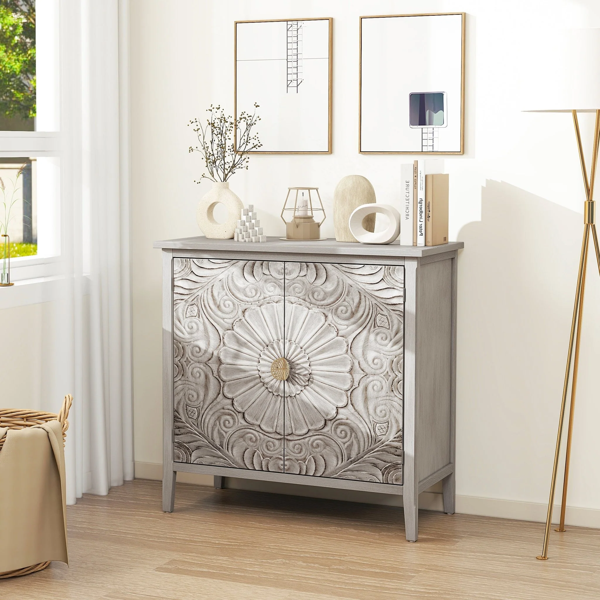 Accent Cabinet with 2 Doors and Gold Pattern Handle - Image 2