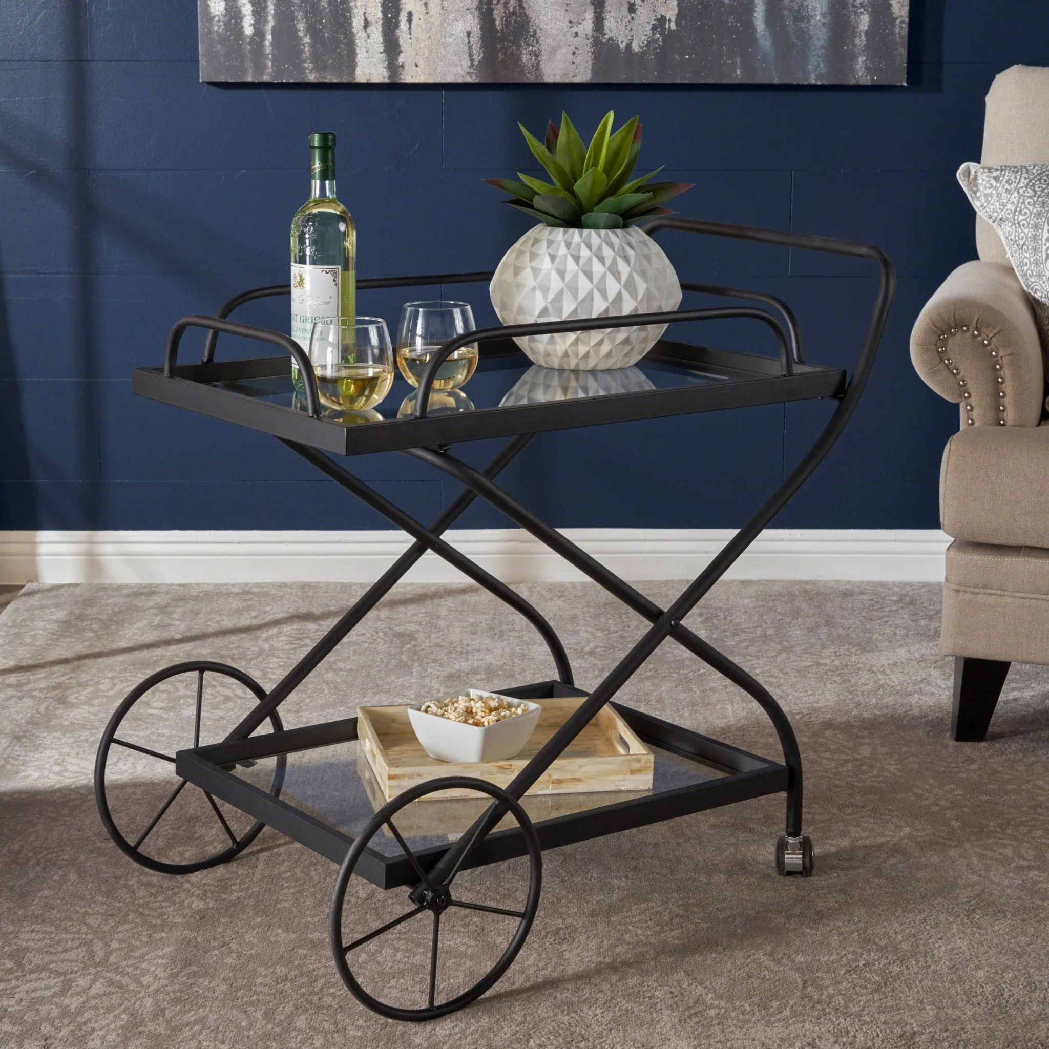 Allegro Outdoor Bar Cart with 2 Tempered Glass Shelves and Metal Frame - Image 16