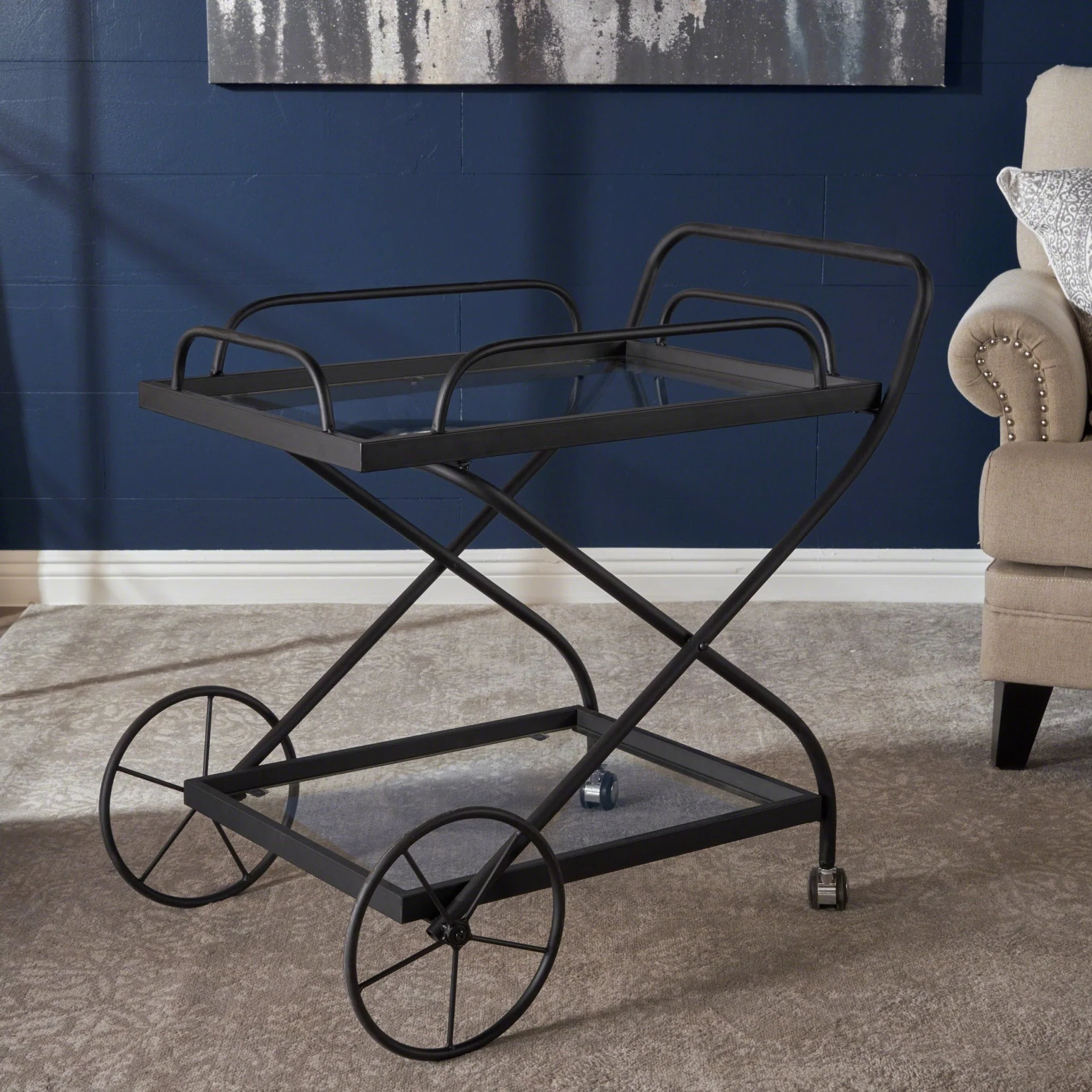 Allegro Outdoor Bar Cart with 2 Tempered Glass Shelves and Metal Frame - Image 17