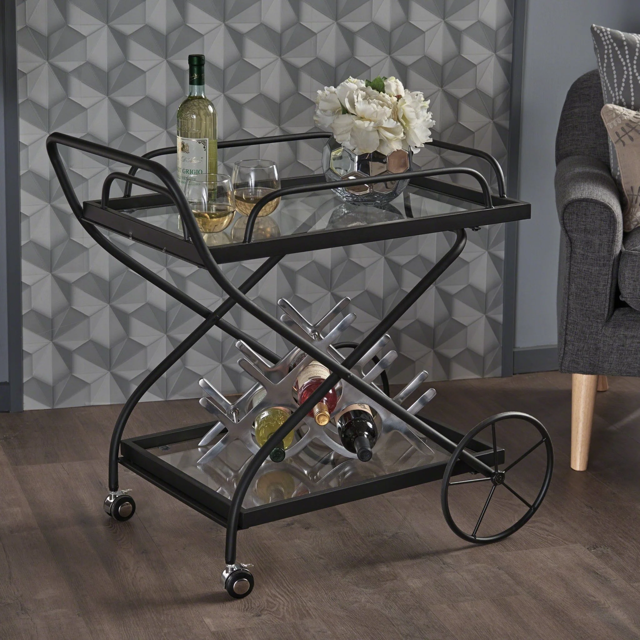 Allegro Outdoor Bar Cart with 2 Tempered Glass Shelves and Metal Frame - Image 18