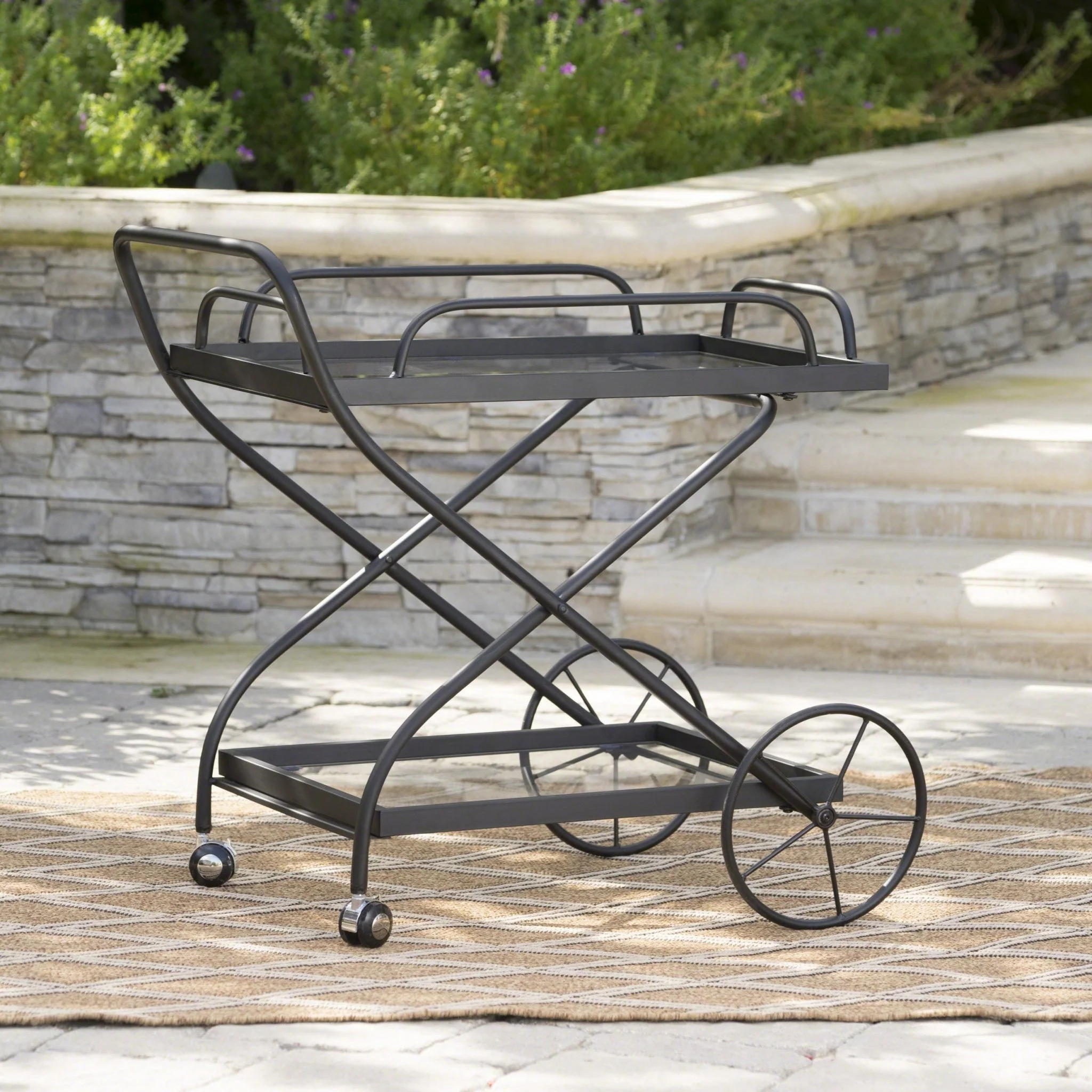 Allegro Outdoor Bar Cart with 2 Tempered Glass Shelves and Metal Frame - Image 19
