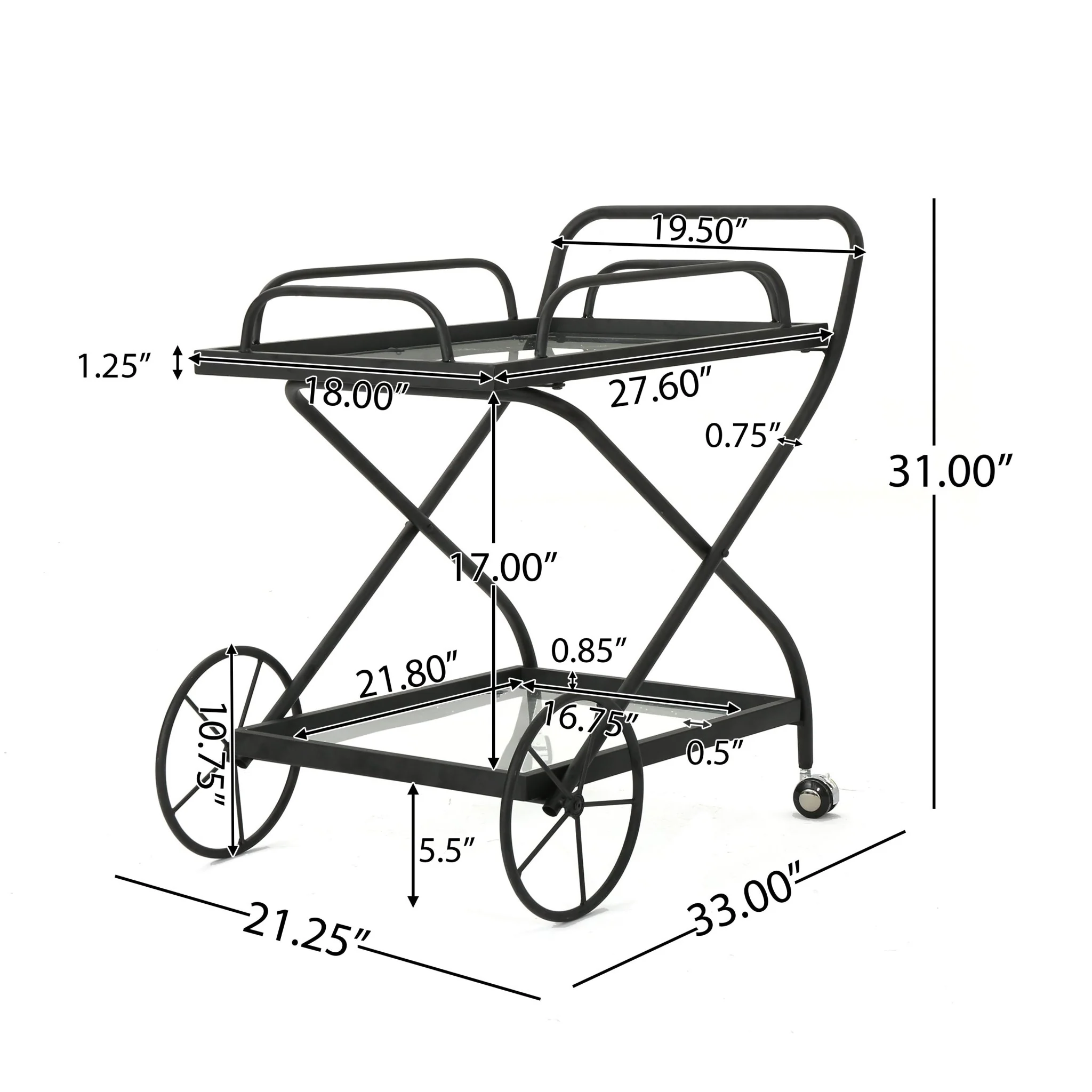 Allegro Outdoor Bar Cart with 2 Tempered Glass Shelves and Metal Frame - Image 20