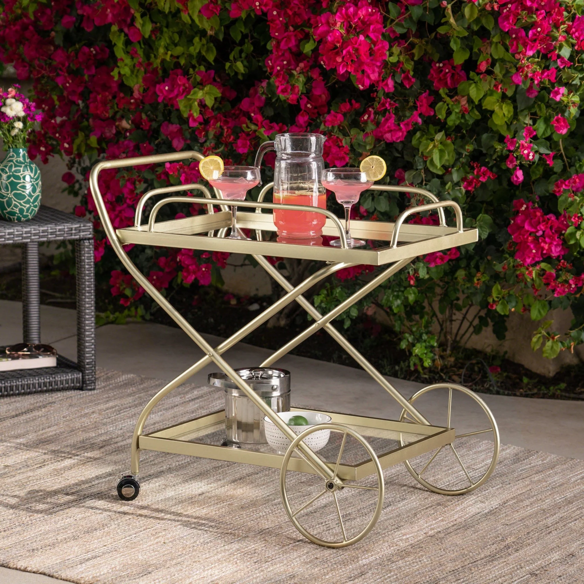Allegro Outdoor Bar Cart with 2 Tempered Glass Shelves and Metal Frame - Image 6