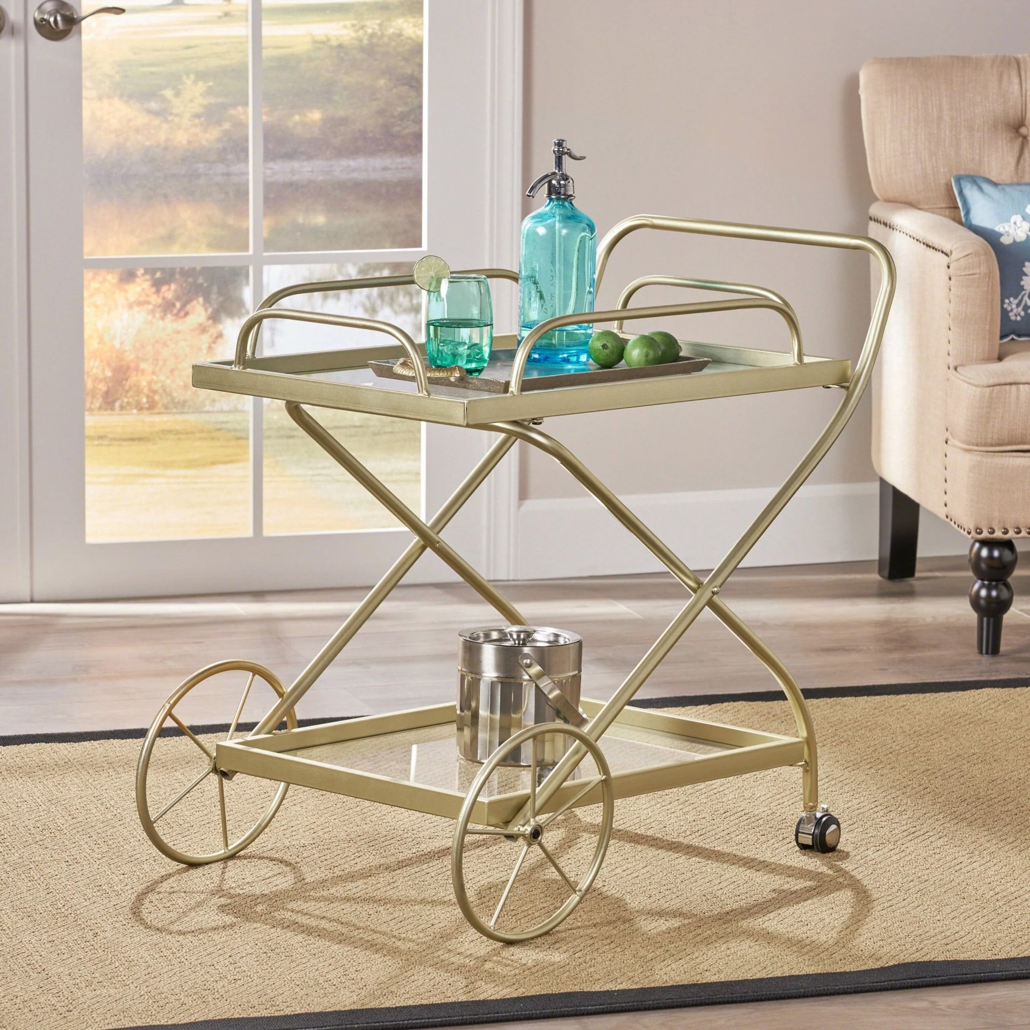 Allegro Outdoor Bar Cart with 2 Tempered Glass Shelves and Metal Frame - Image 7